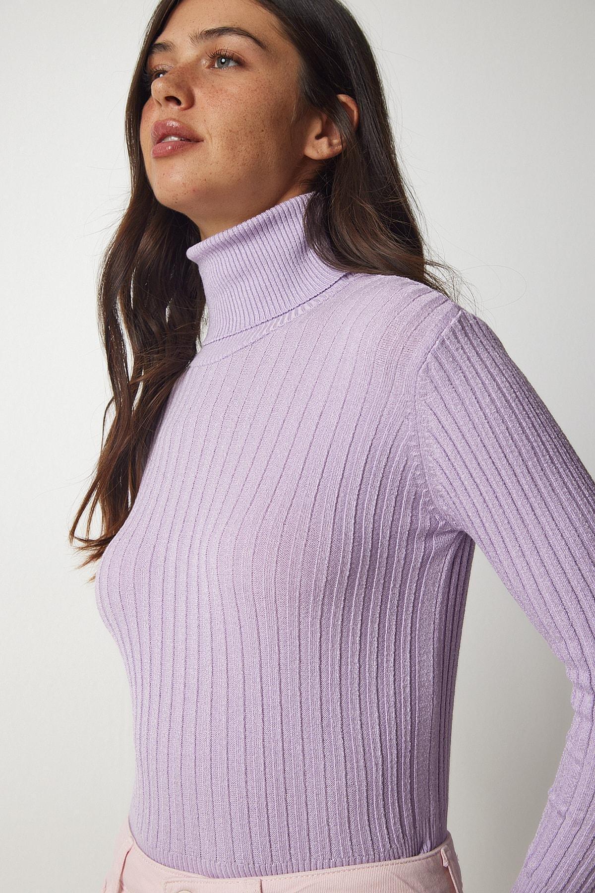Purple Turtleneck Corduroy Basic Sweater, Lilac, large image number 2