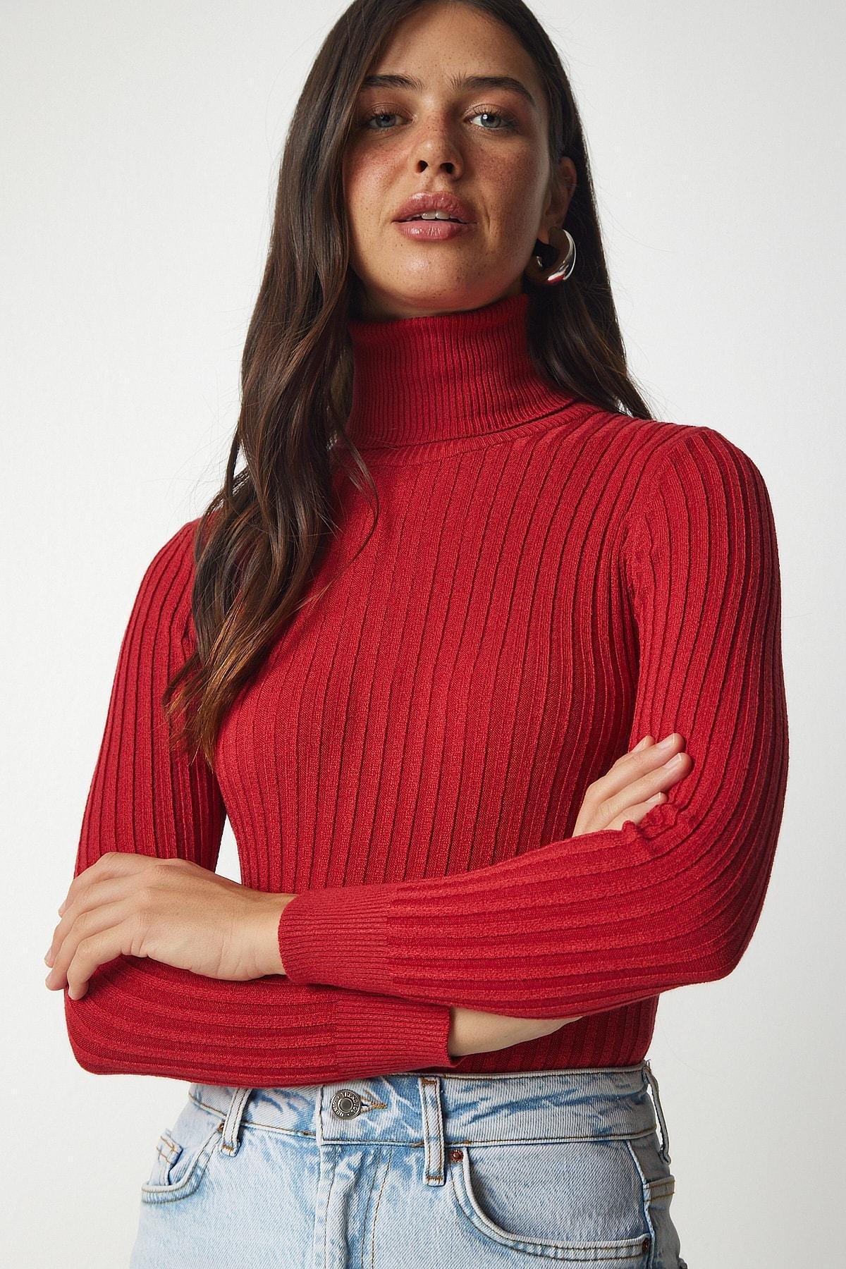 Red Turtleneck Basic Corduroy Sweater, Red, large image number 1