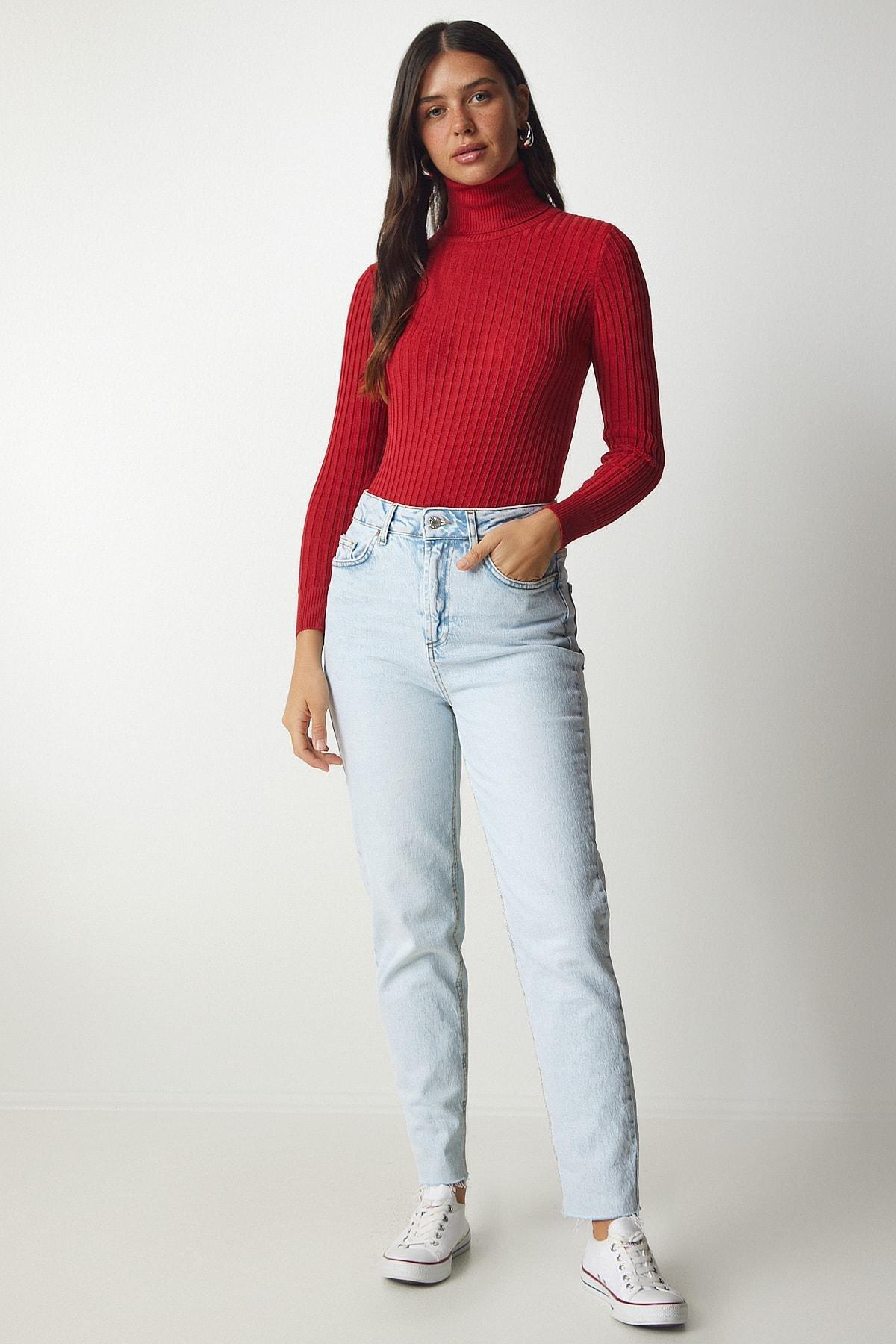 Red Turtleneck Basic Corduroy Sweater, Red, large image number 2