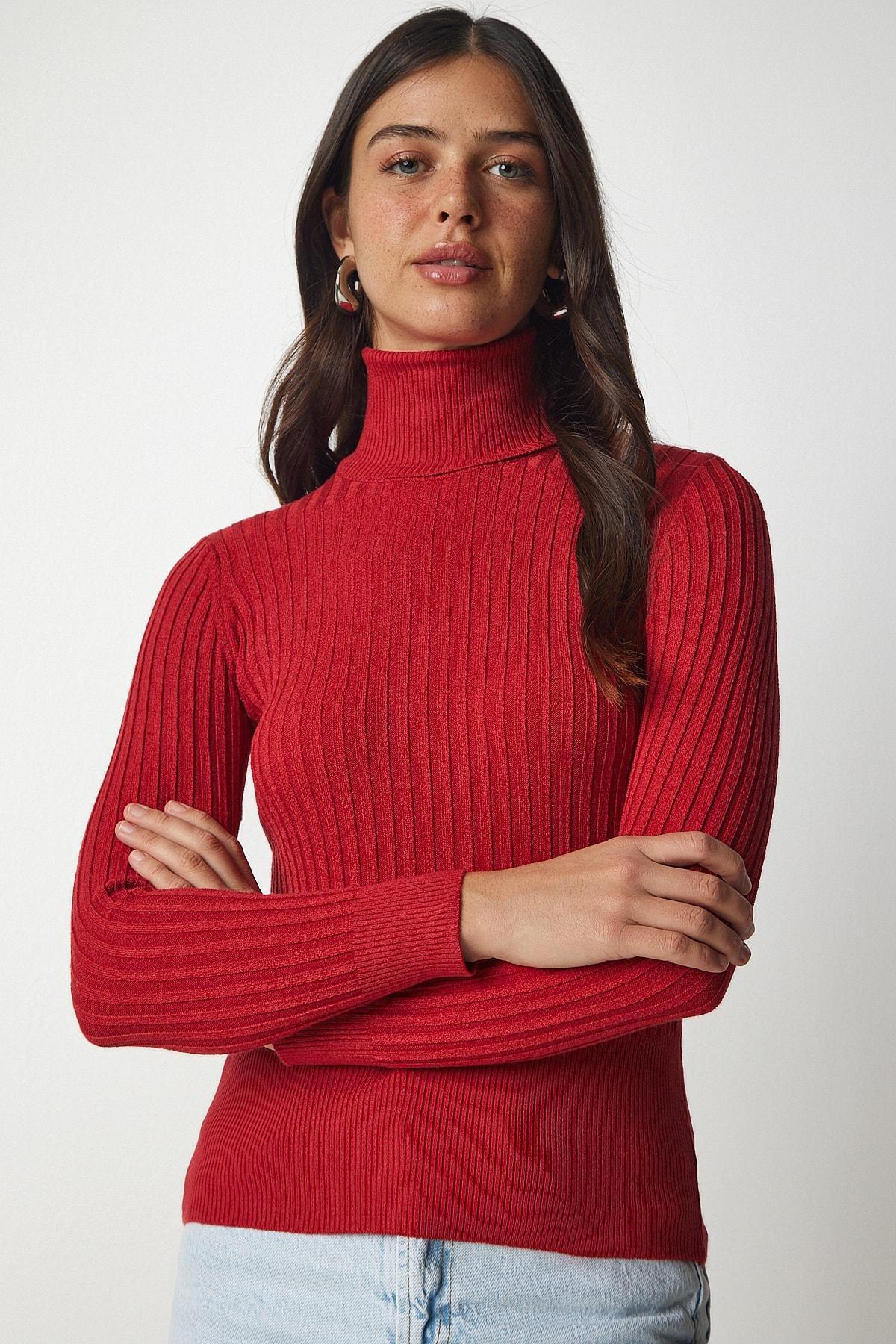 Red Turtleneck Basic Corduroy Sweater, Red, large image number 3