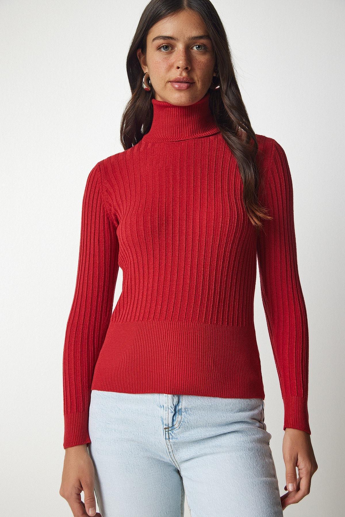 Red Turtleneck Basic Corduroy Sweater, Red, large image number 4