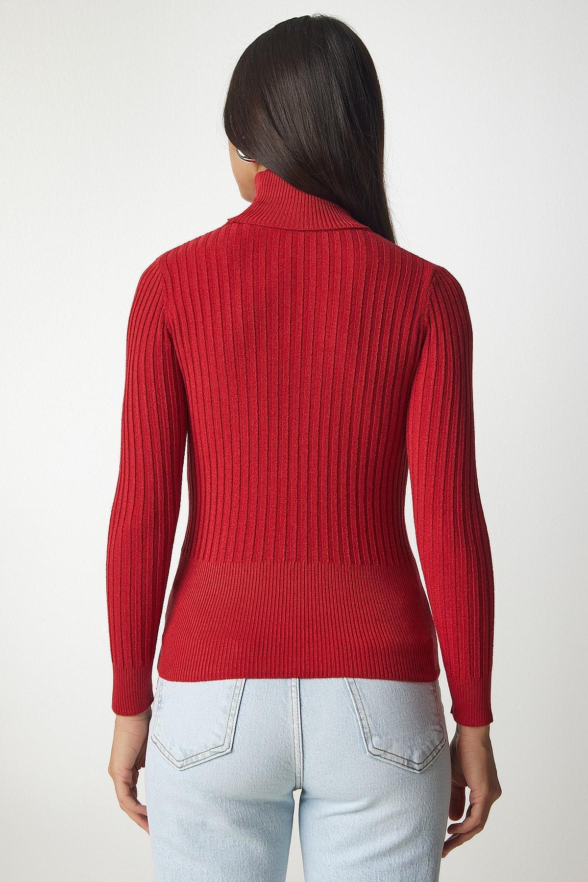 Red Turtleneck Basic Corduroy Sweater, Red, large image number 5