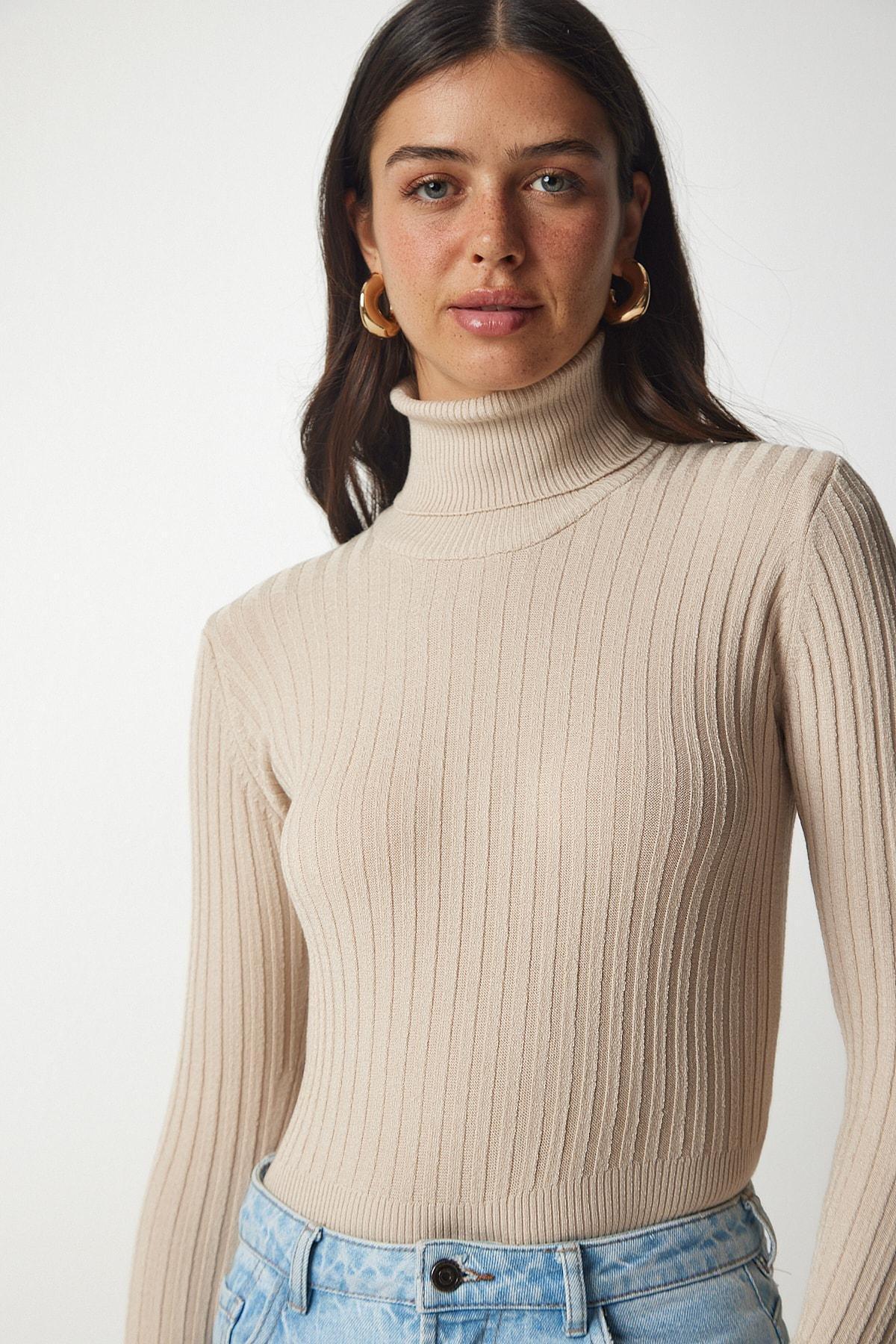 Beige Turtleneck Basic Corduroy Sweater, Latte, large image number 0