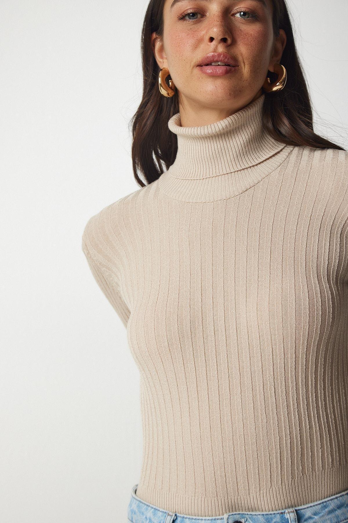 Beige Turtleneck Basic Corduroy Sweater, Latte, large image number 1