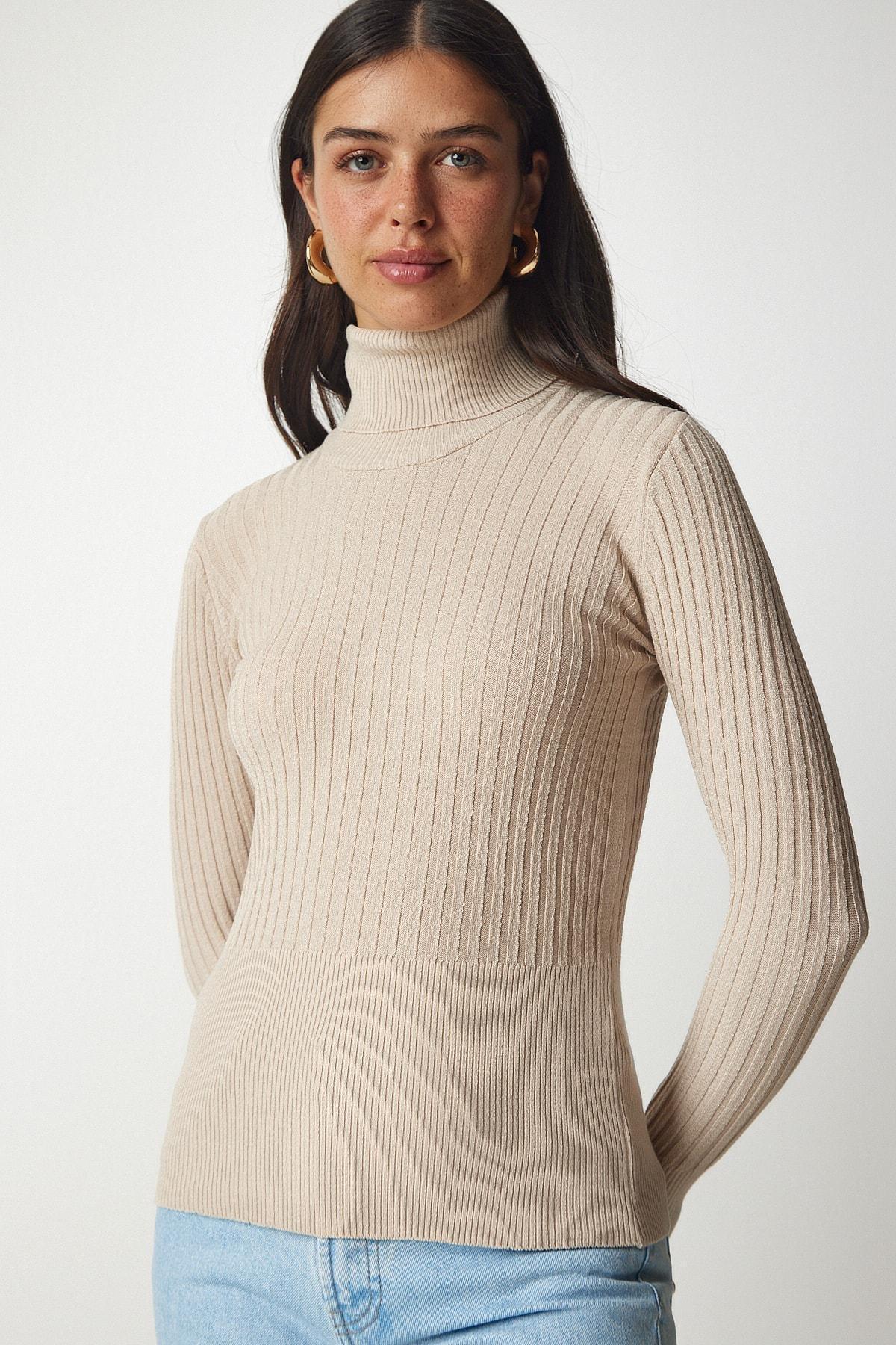 Beige Turtleneck Basic Corduroy Sweater, Latte, large image number 2