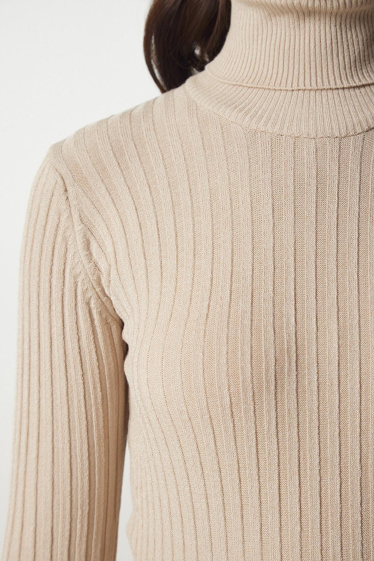 Beige Turtleneck Basic Corduroy Sweater, Latte, large image number 3