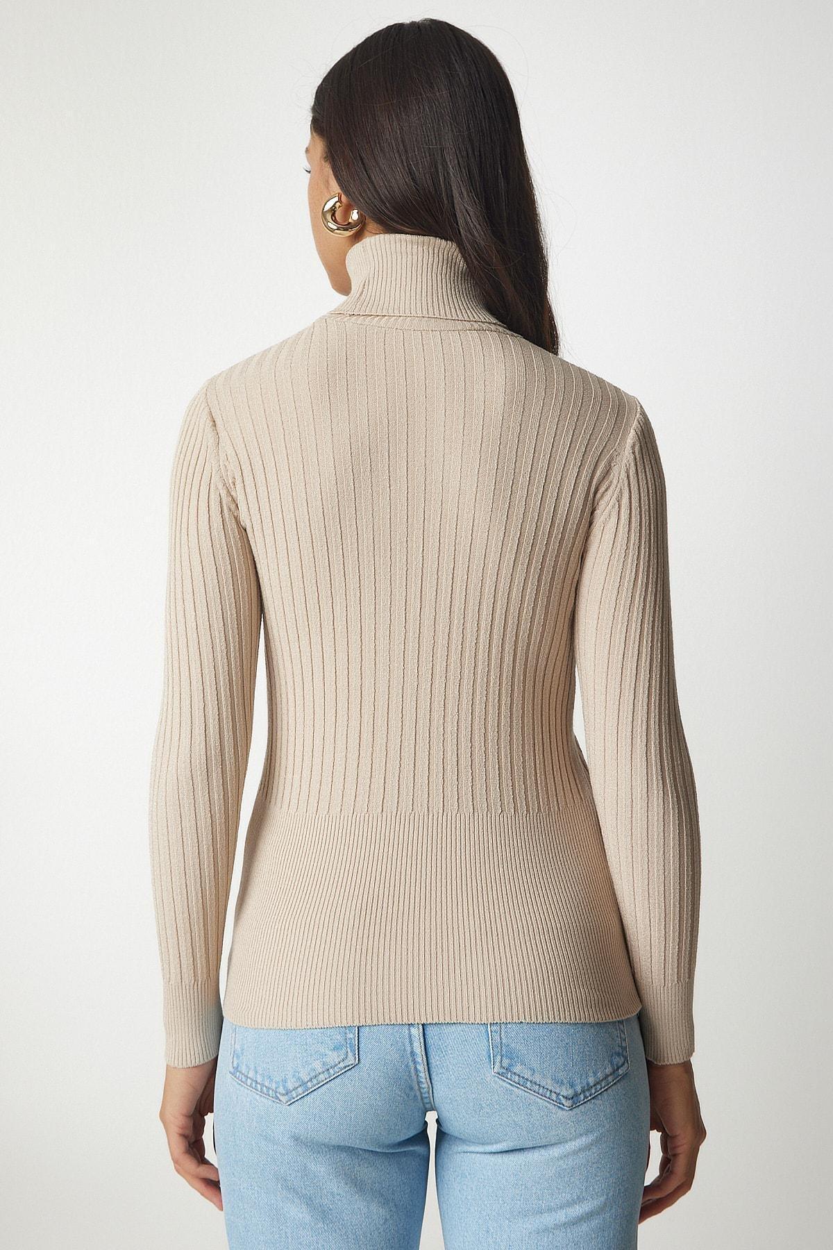 Beige Turtleneck Basic Corduroy Sweater, Latte, large image number 4