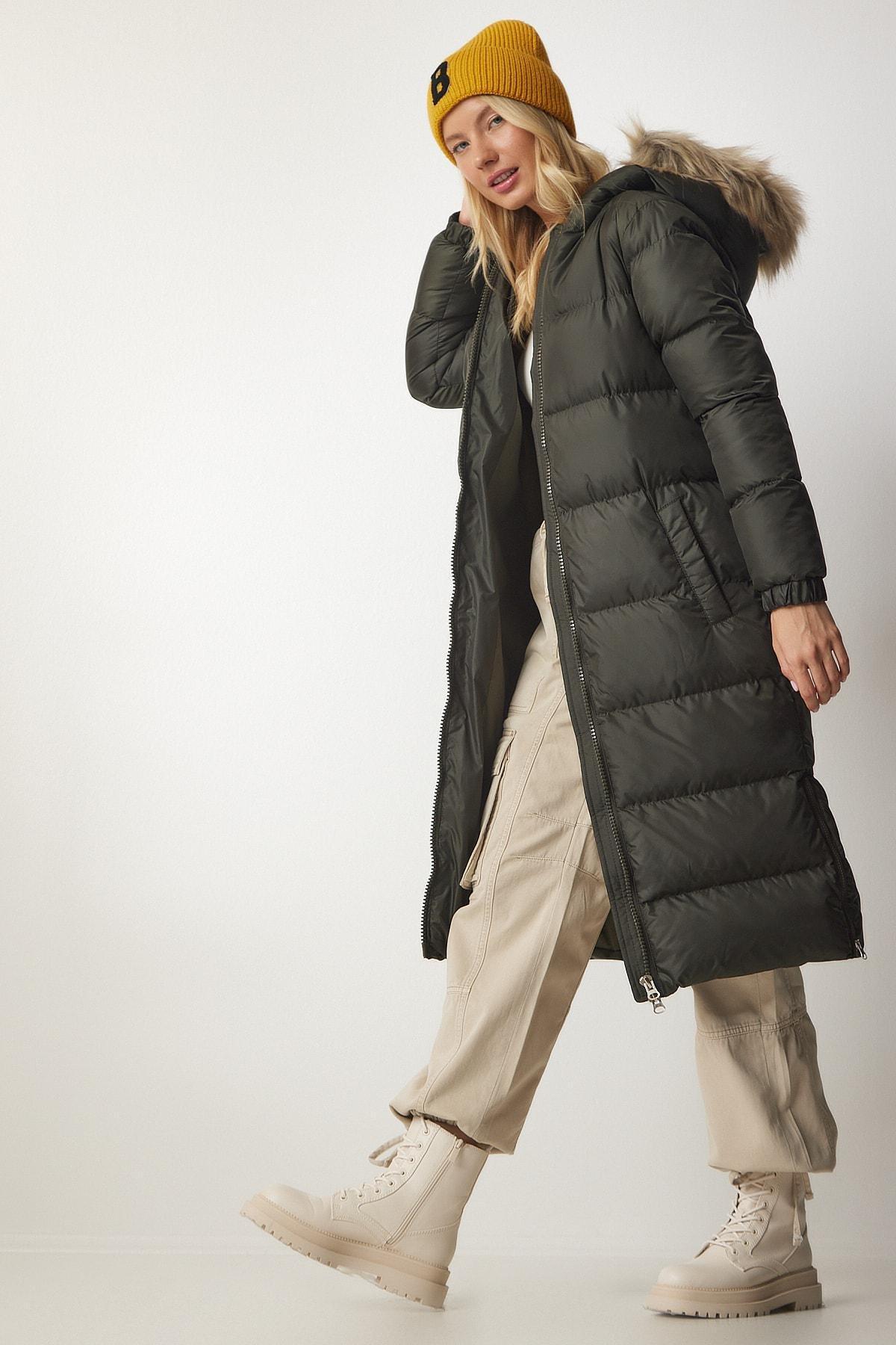 Khaki Hooded Long Puffer Coat, , medium
