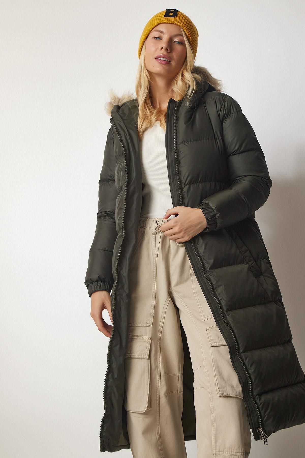 Khaki Hooded Long Puffer Coat, Khaki, large image number 1