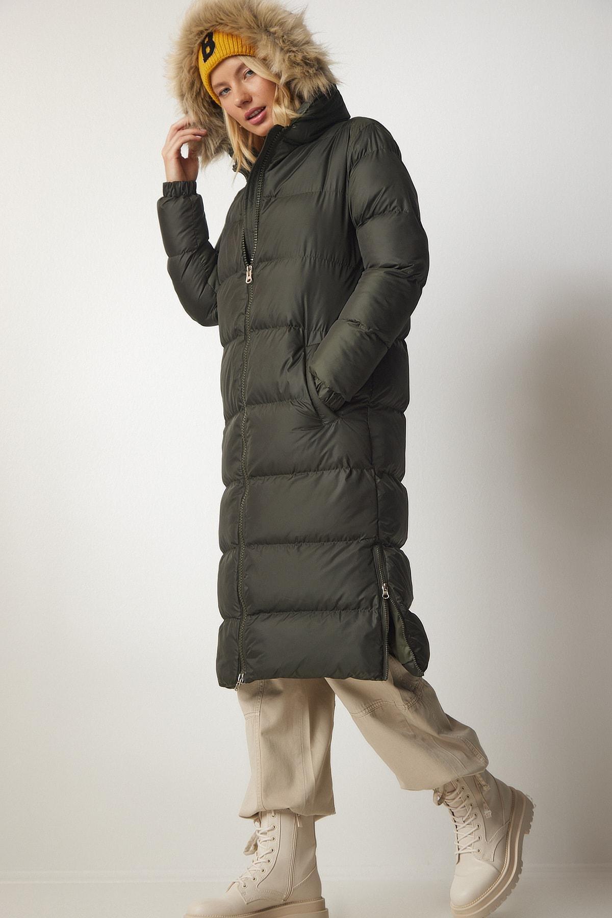 Khaki Hooded Long Puffer Coat, Khaki, large image number 2