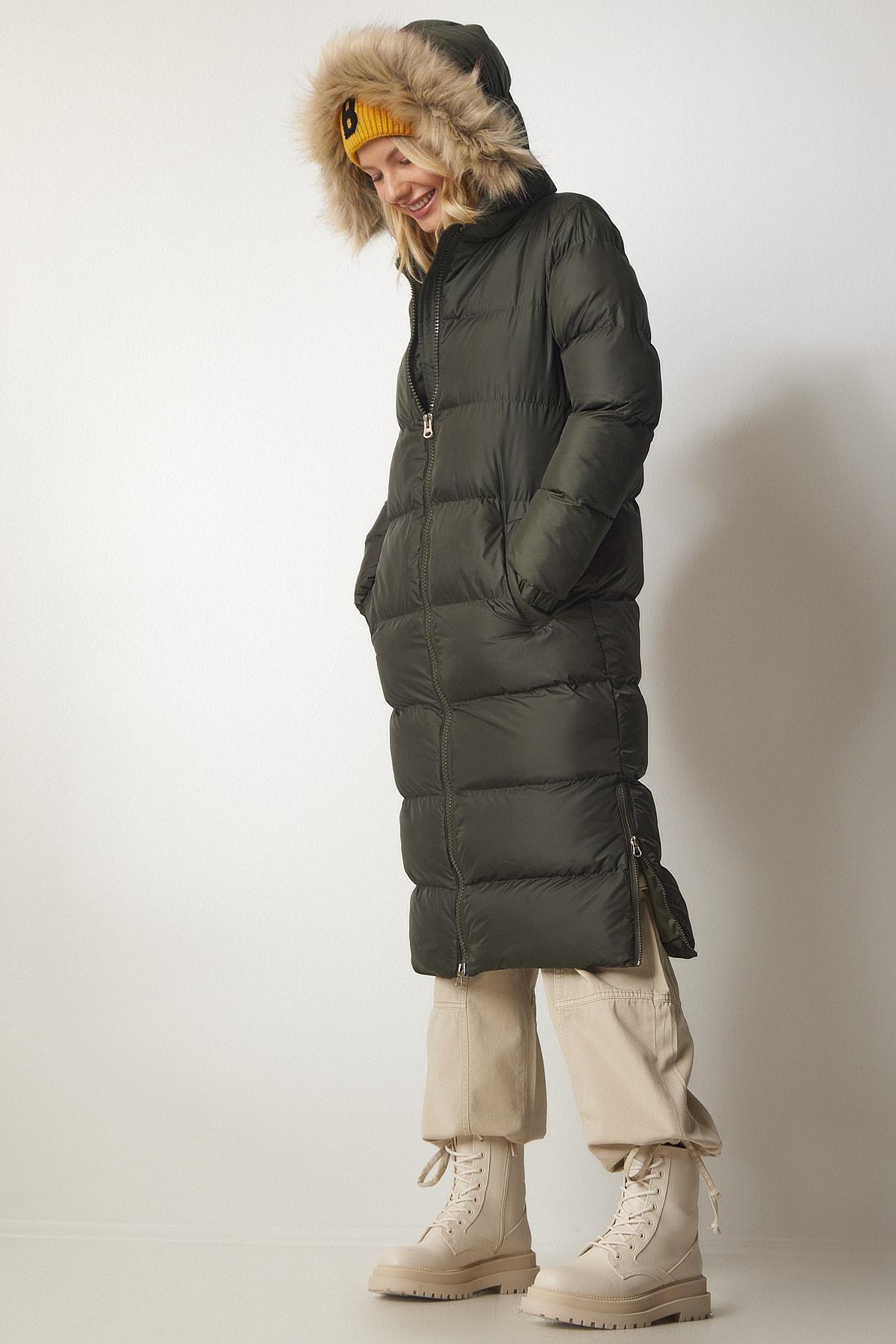 Khaki Hooded Long Puffer Coat, Khaki, large image number 3