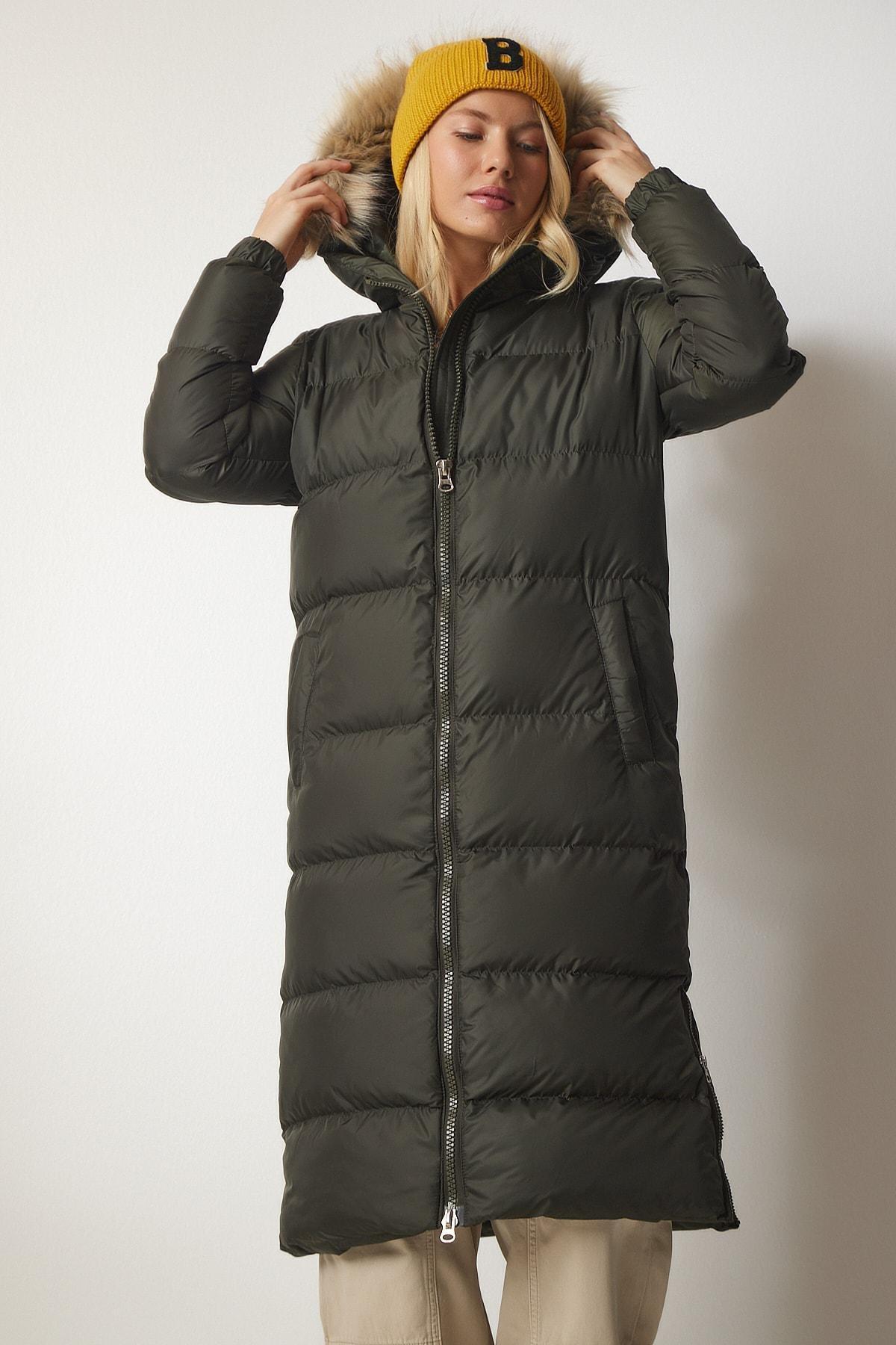 Khaki Hooded Long Puffer Coat, Khaki, large image number 4