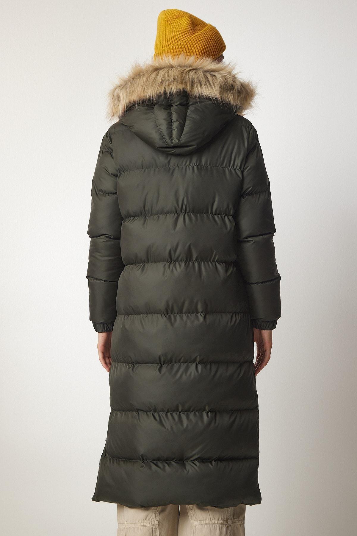 Khaki Hooded Long Puffer Coat, Khaki, large image number 7
