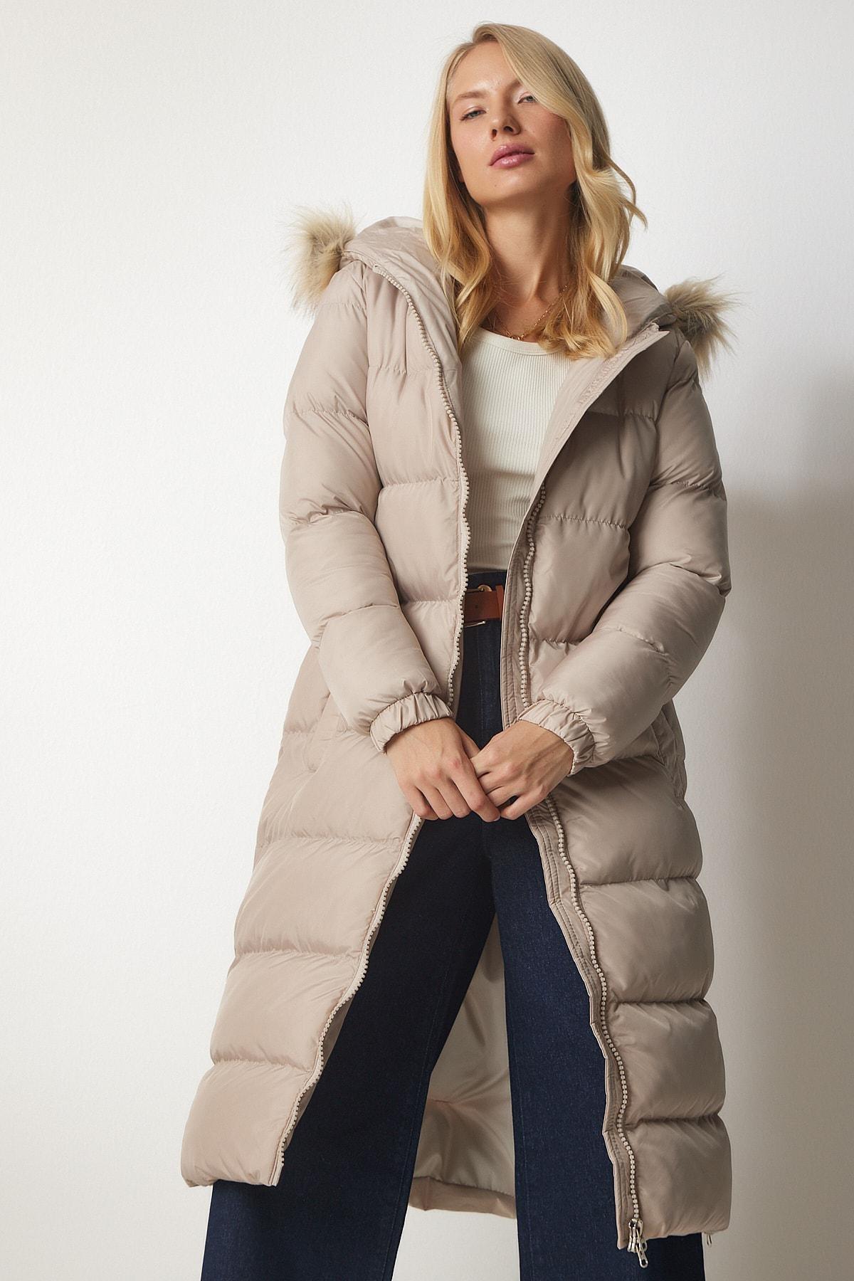 Happiness Istanbul - Beige Hooded Long Down Coat