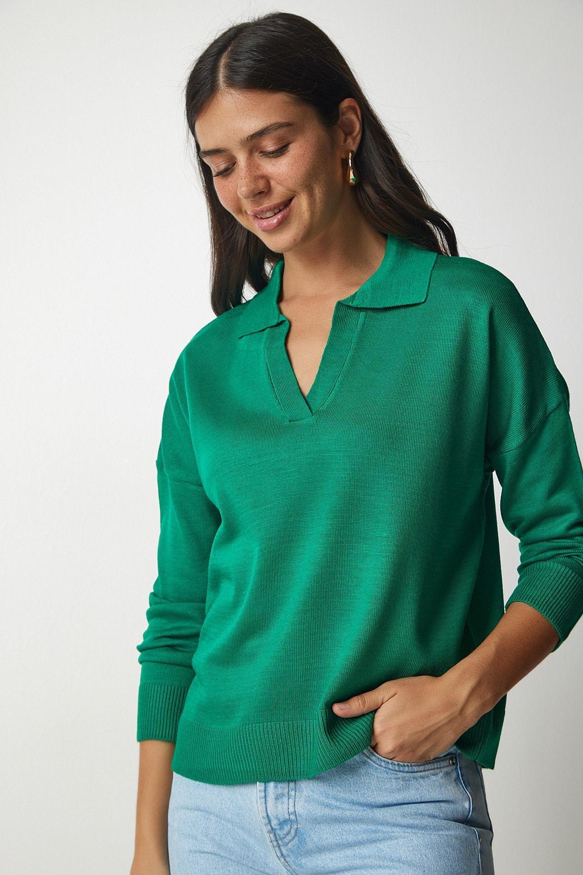 Green Polo Neck Basic Sweater, Dark green, large image number 0