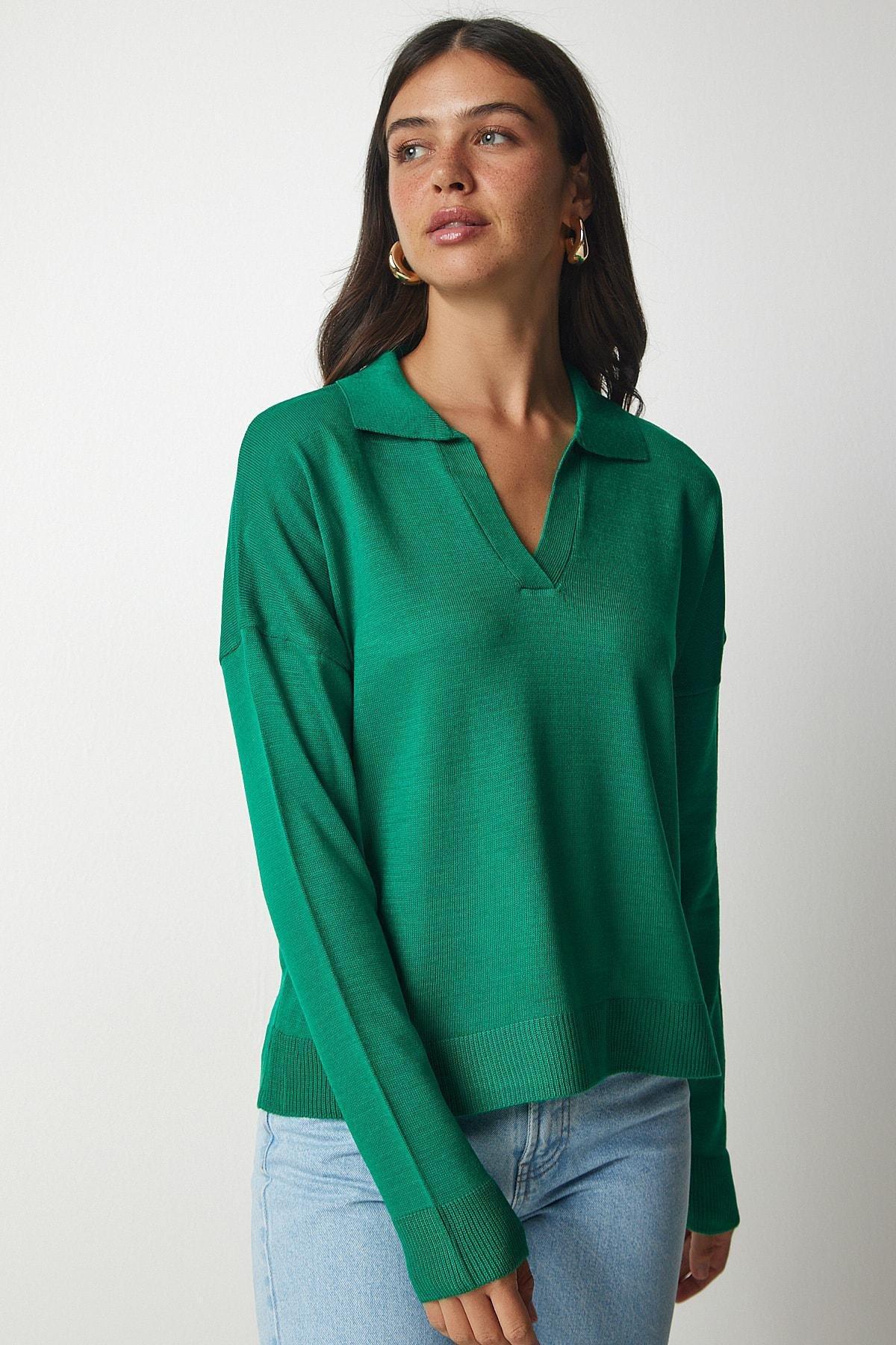 Green Polo Neck Basic Sweater, Dark green, large image number 1