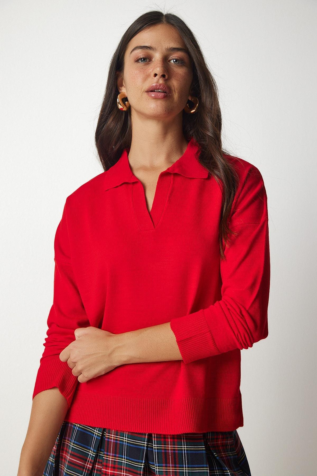 Red Polo Neck Basic Sweater, Red, large image number 1