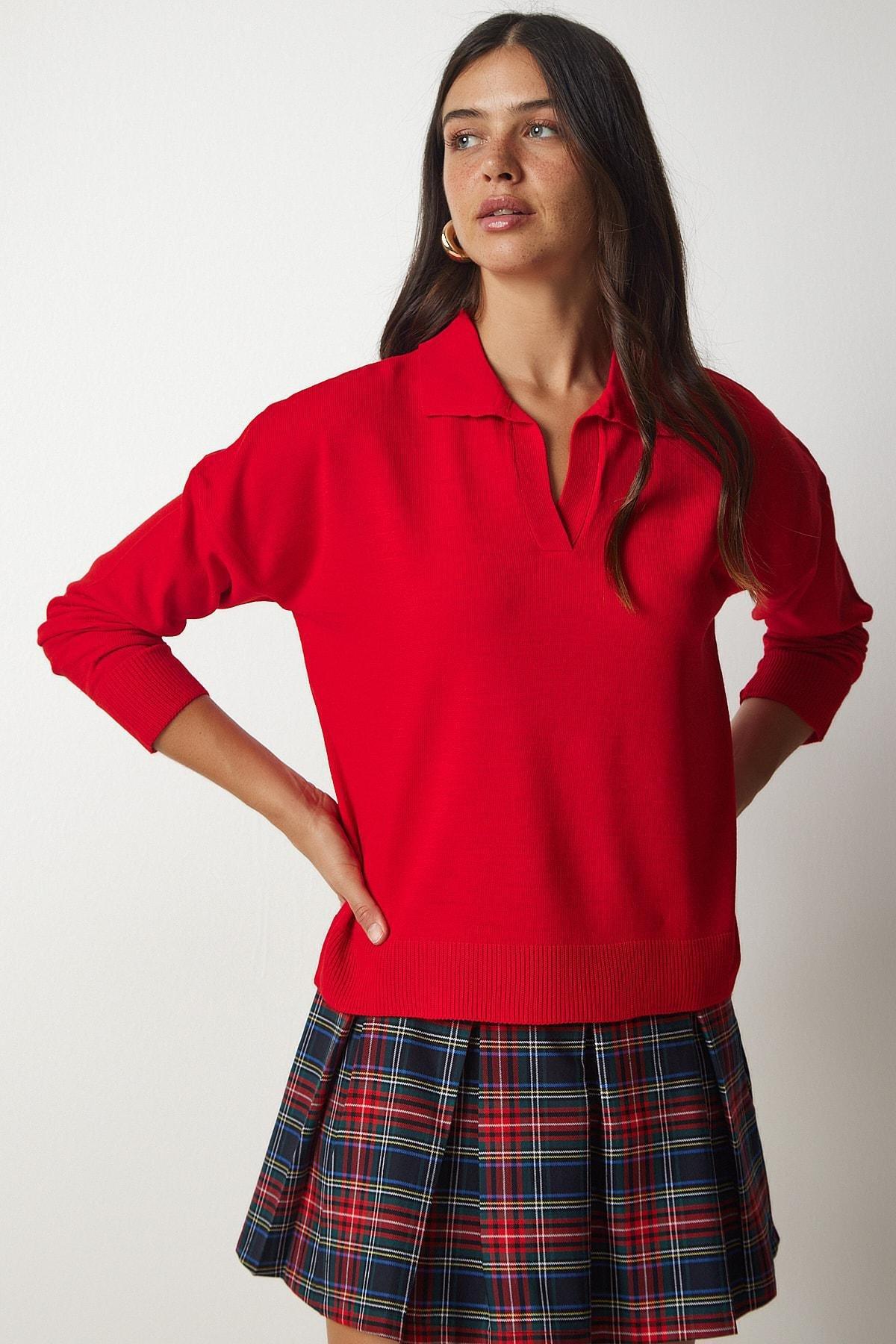 Red Polo Neck Basic Sweater, Red, large image number 2