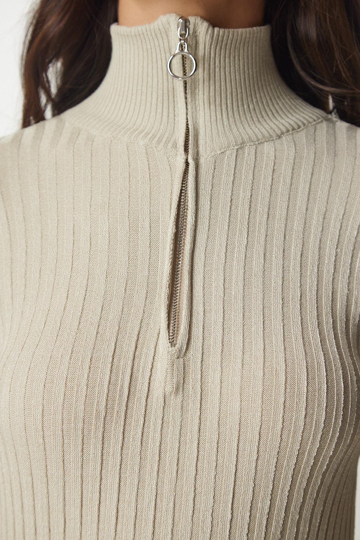 Beige Zipper Corduroy Knitwear Blouse, Beige, large image number 2