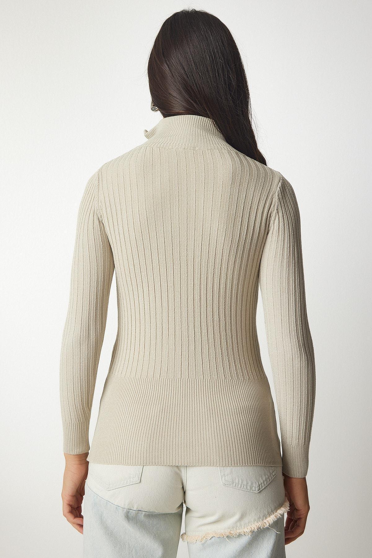 Beige Zipper Corduroy Knitwear Blouse, Beige, large image number 3
