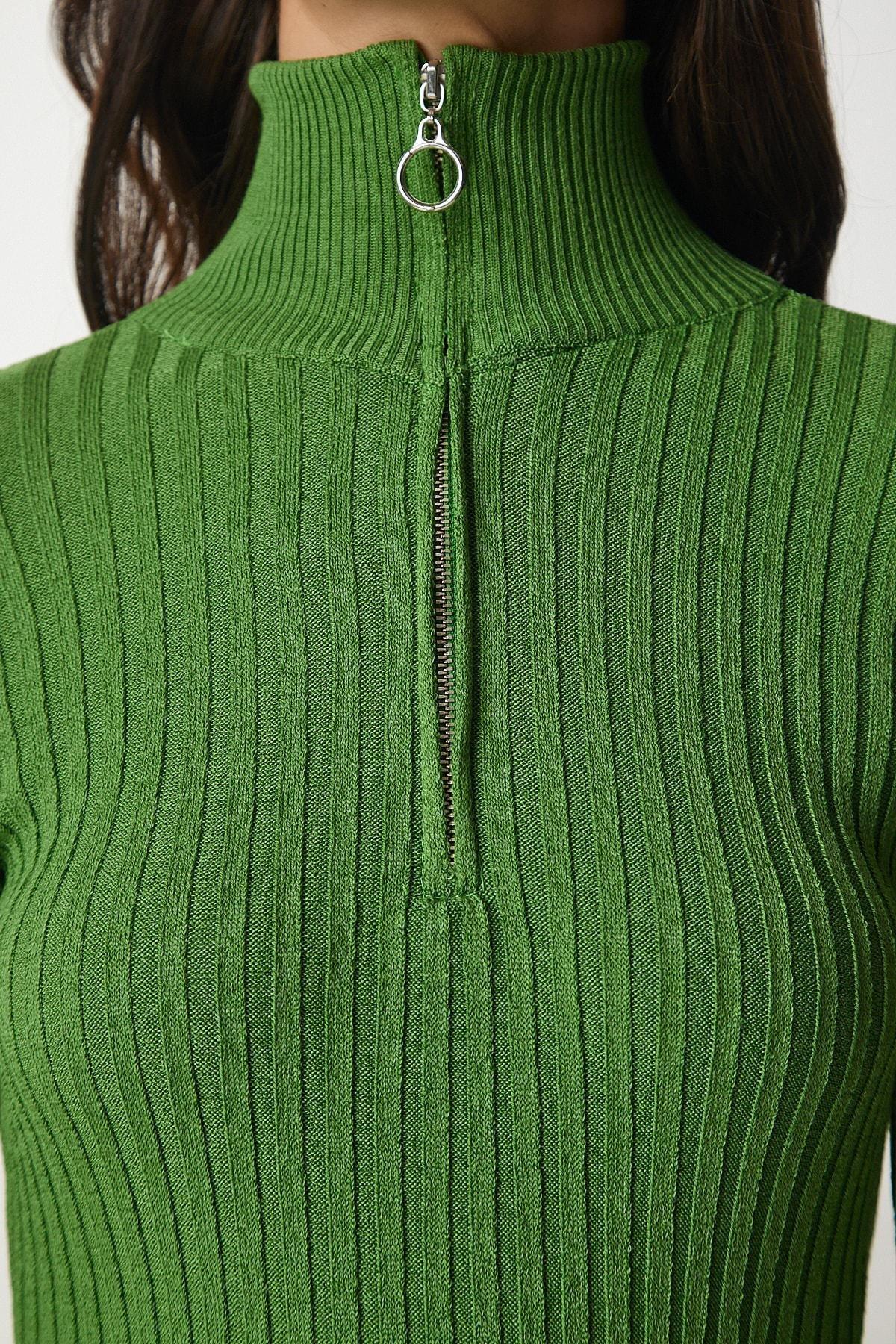 Green Zipper Corduroy Knitwear Blouse, Green, large image number 3