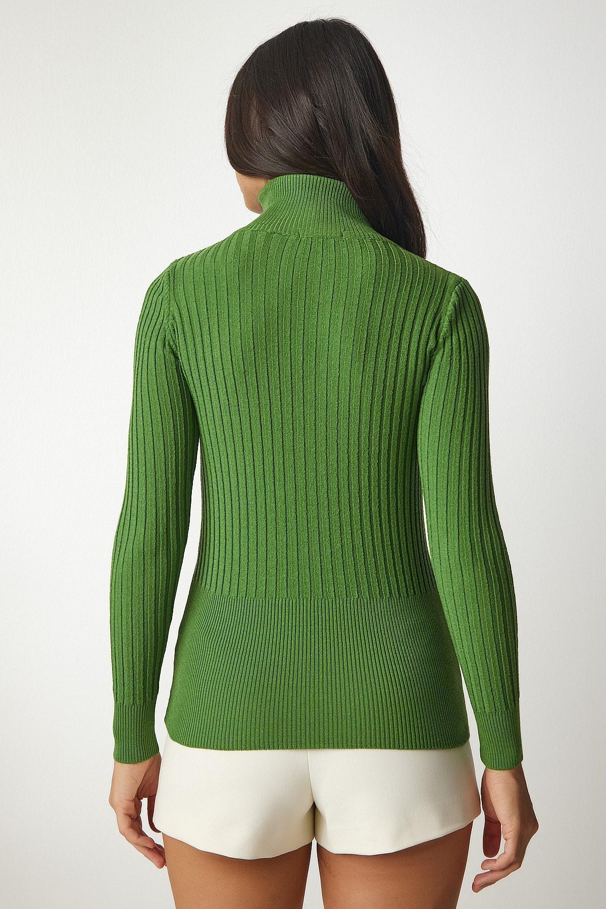Green Zipper Corduroy Knitwear Blouse, Green, large image number 4