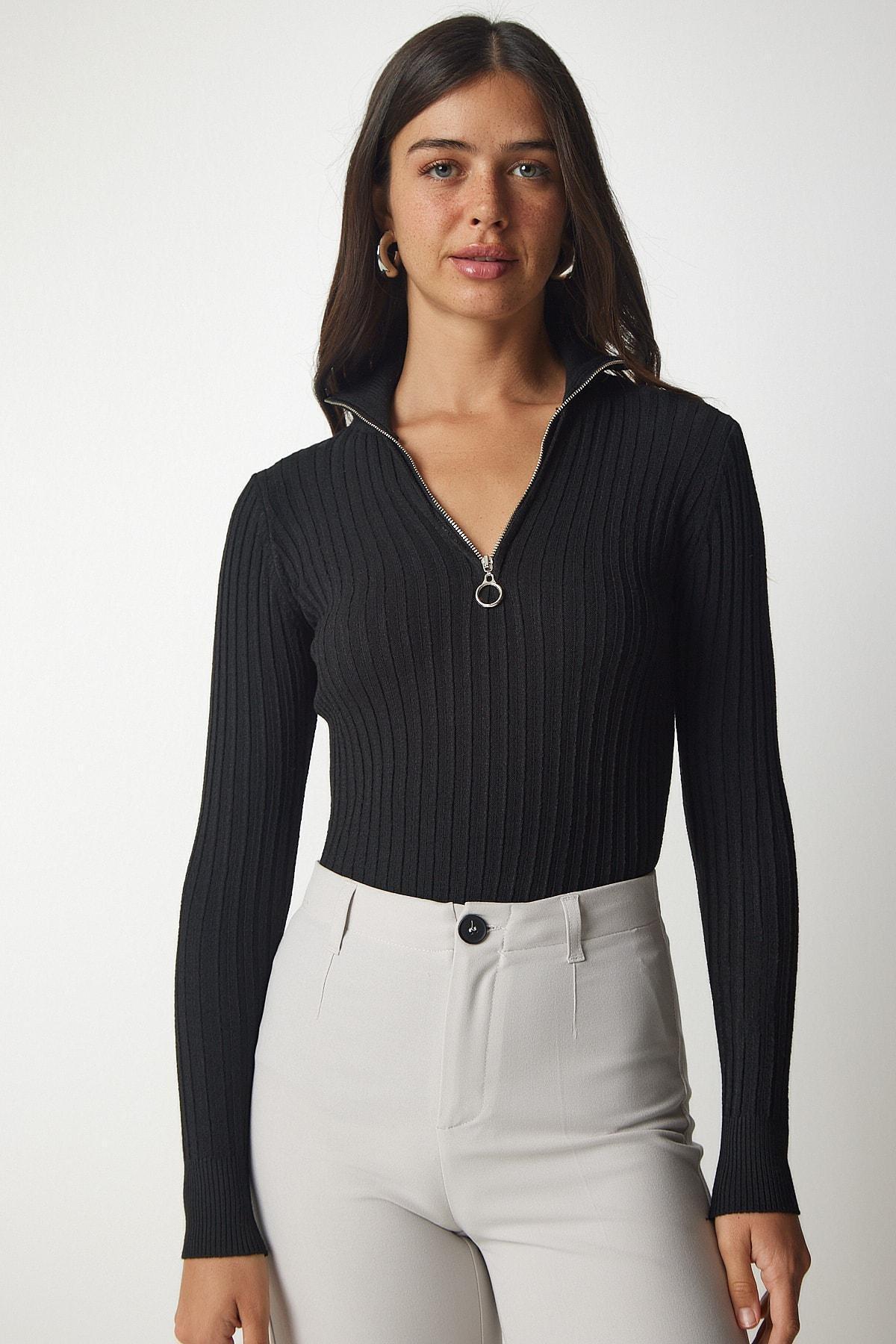 Black Zipper Corduroy Knitwear Blouse, BLACK, large image number 1