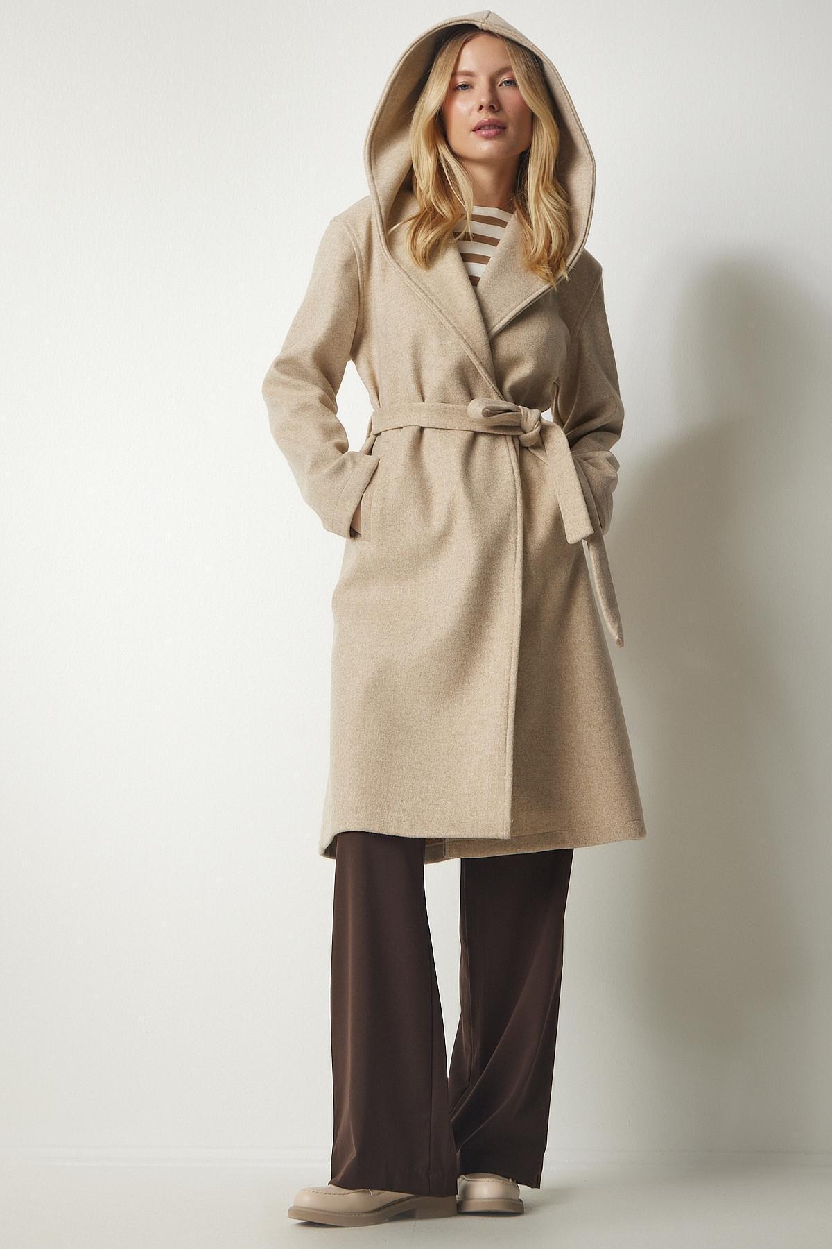 Happiness Istanbul - Beige Hooded Belted Stamped Coat