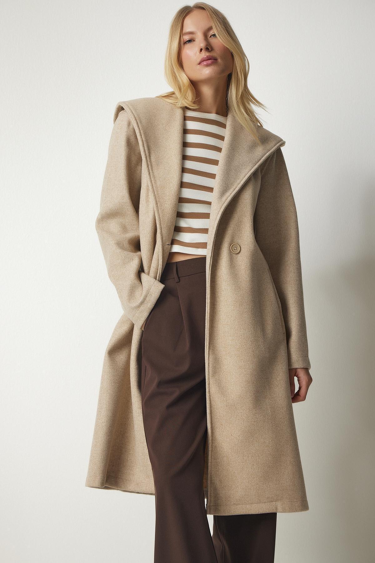 Happiness Istanbul - Beige Hooded Belted Stamped Coat