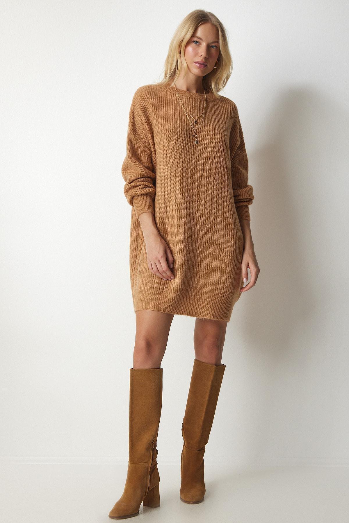 Happiness Istanbul - Beige Oversize Long Basic Knitwear Sweater