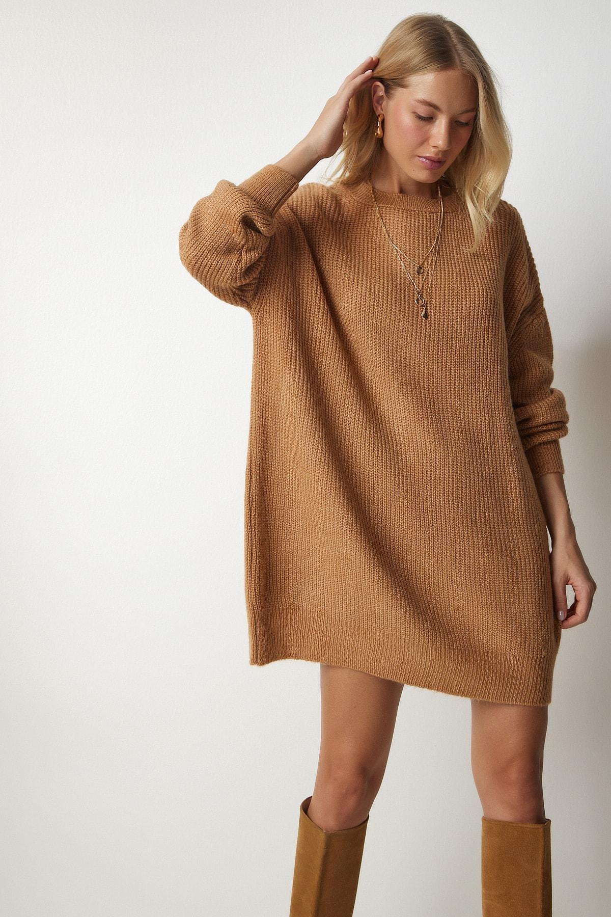 Happiness Istanbul - Beige Oversize Long Basic Knitwear Sweater