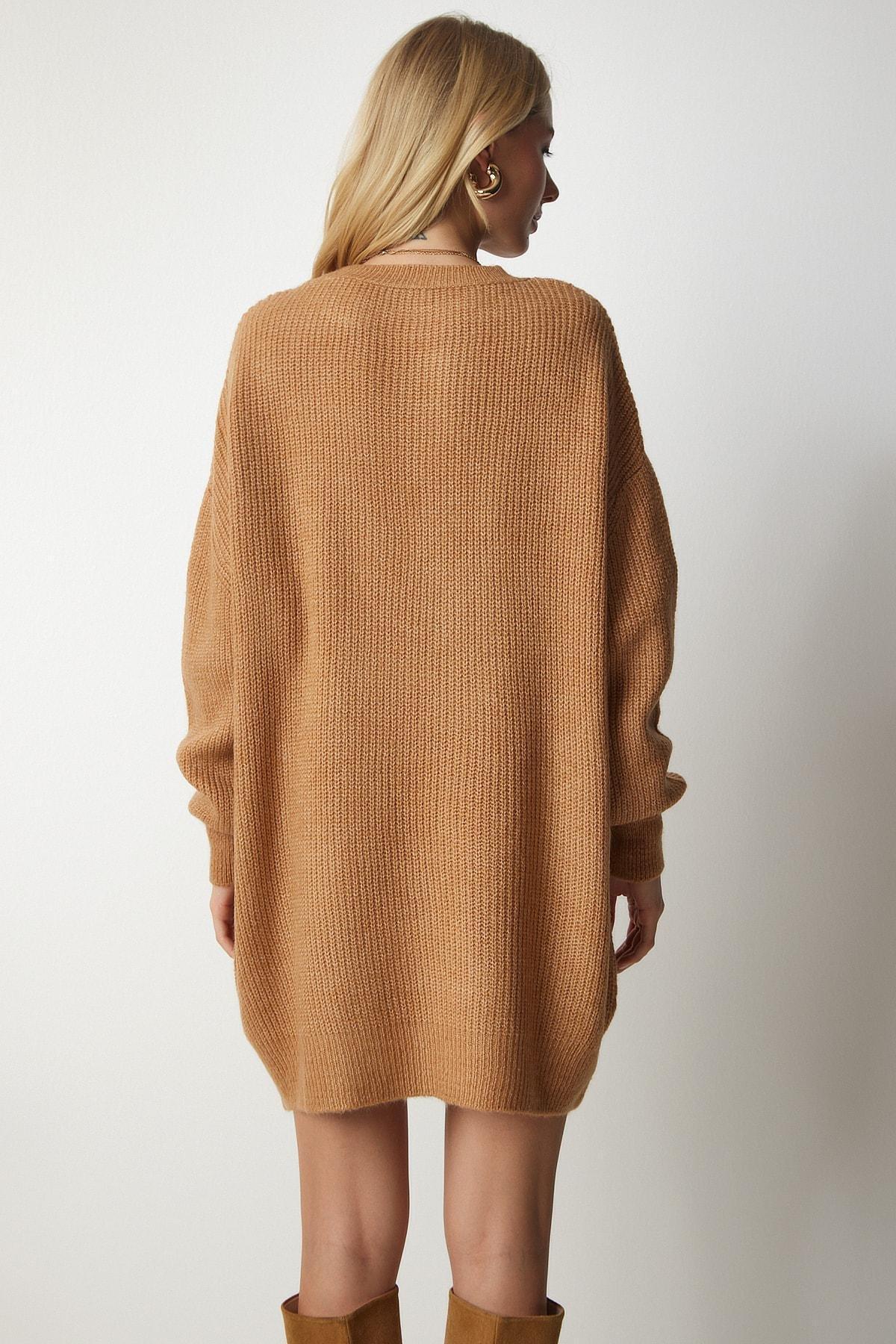 Happiness Istanbul - Beige Oversize Long Basic Knitwear Sweater