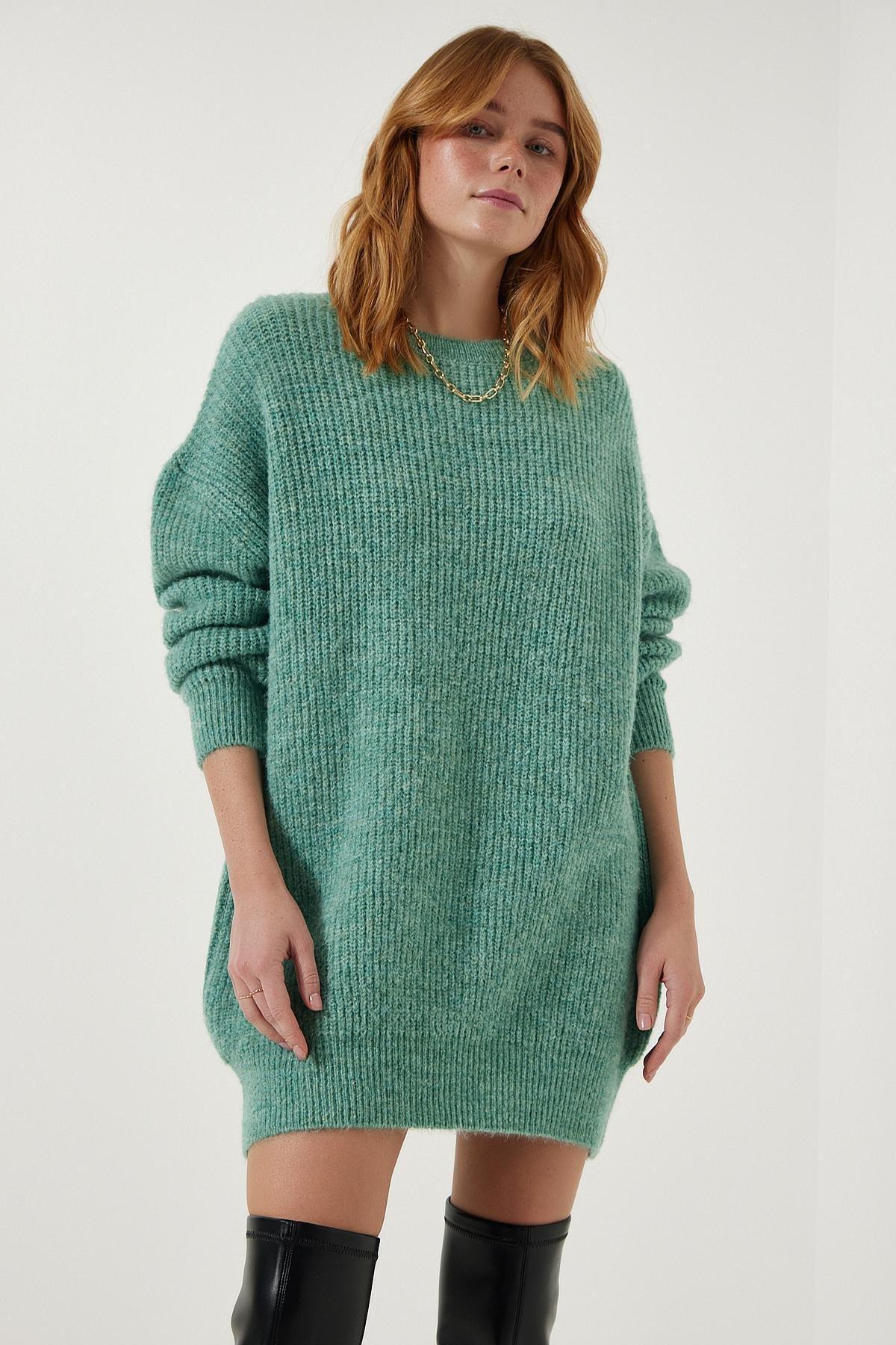 Green Oversize Long Basic Sweater, Water green, large image number 1