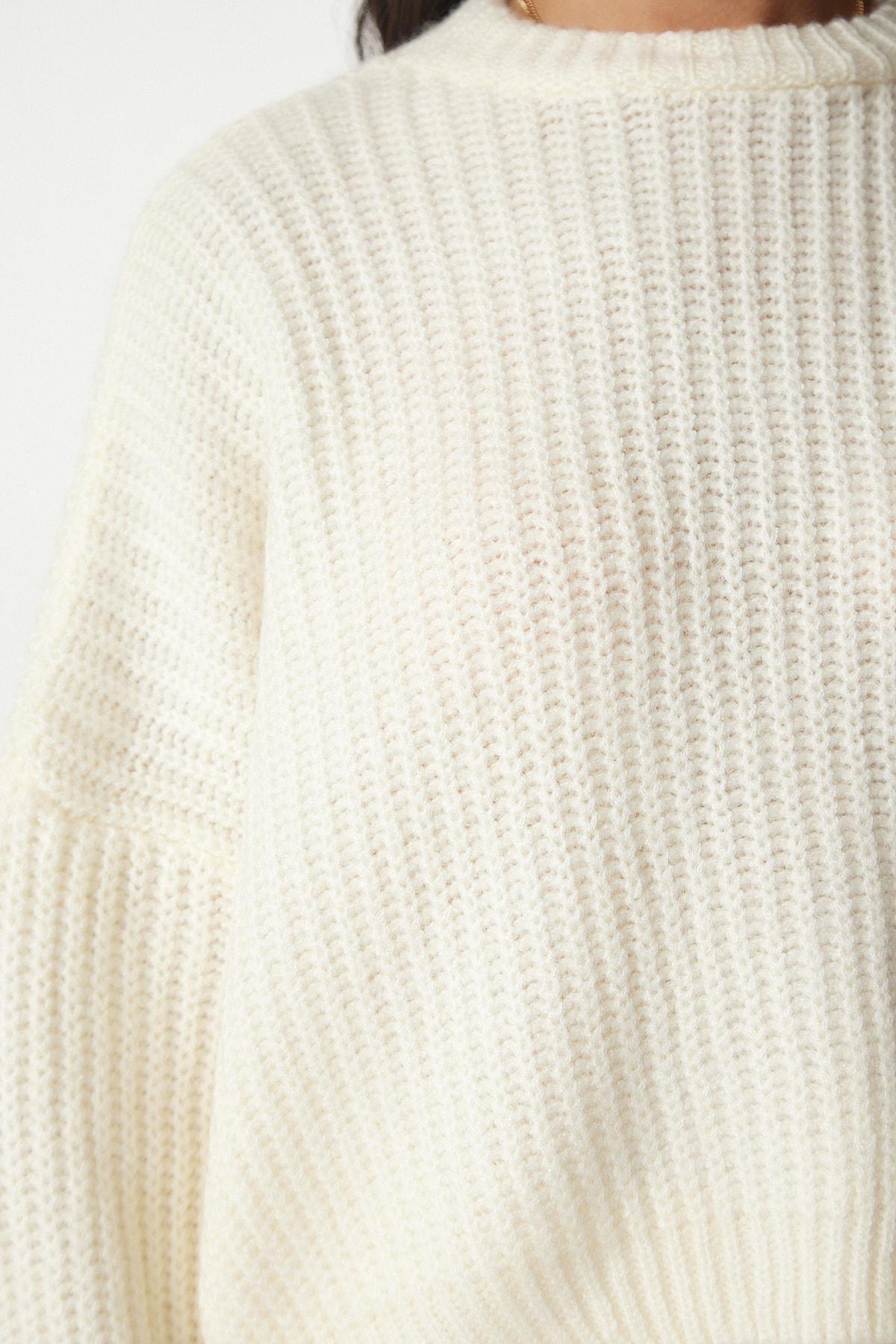 White Balloon Sleeves Basic Knitwear Sweater, Bone, large image number 3