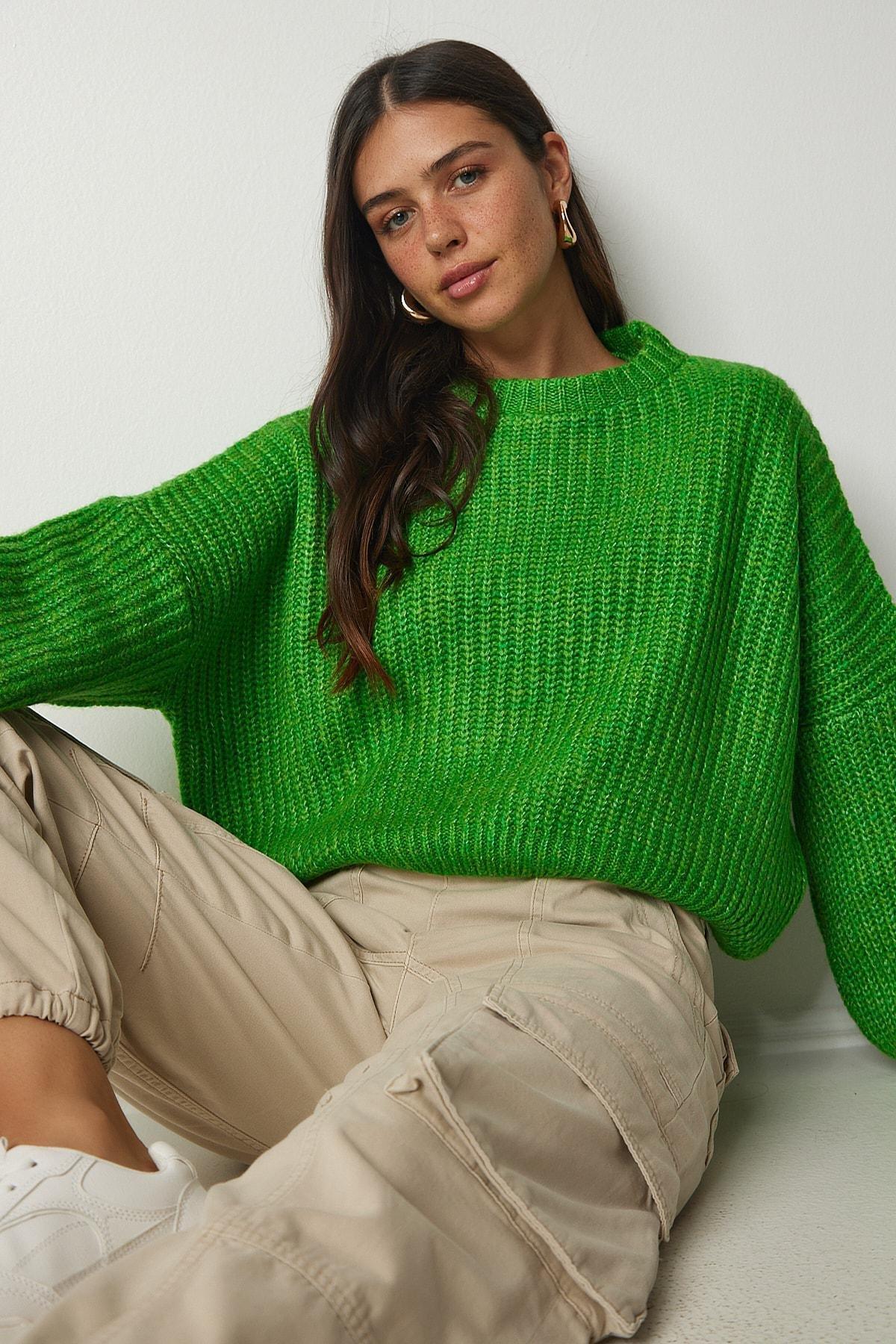 Green Balloon Sleeve Basic Knitwear Sweater, Green, large image number 0