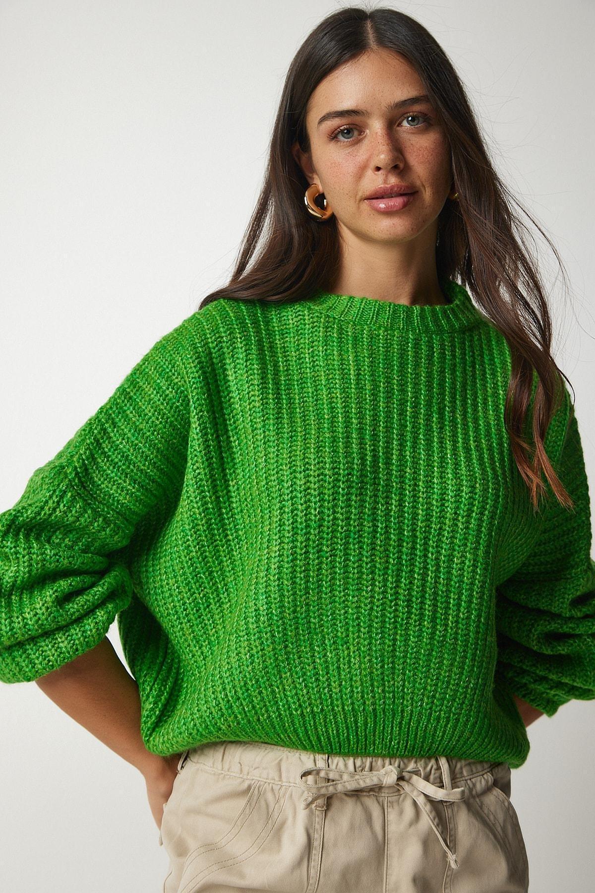 Green Balloon Sleeve Basic Knitwear Sweater, Green, large image number 1