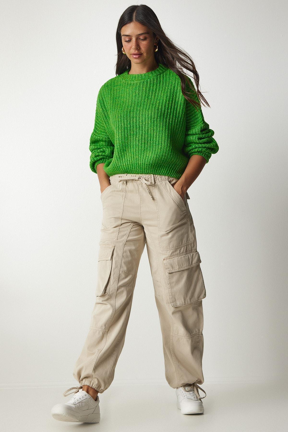 Green Balloon Sleeve Basic Knitwear Sweater, Green, large image number 2