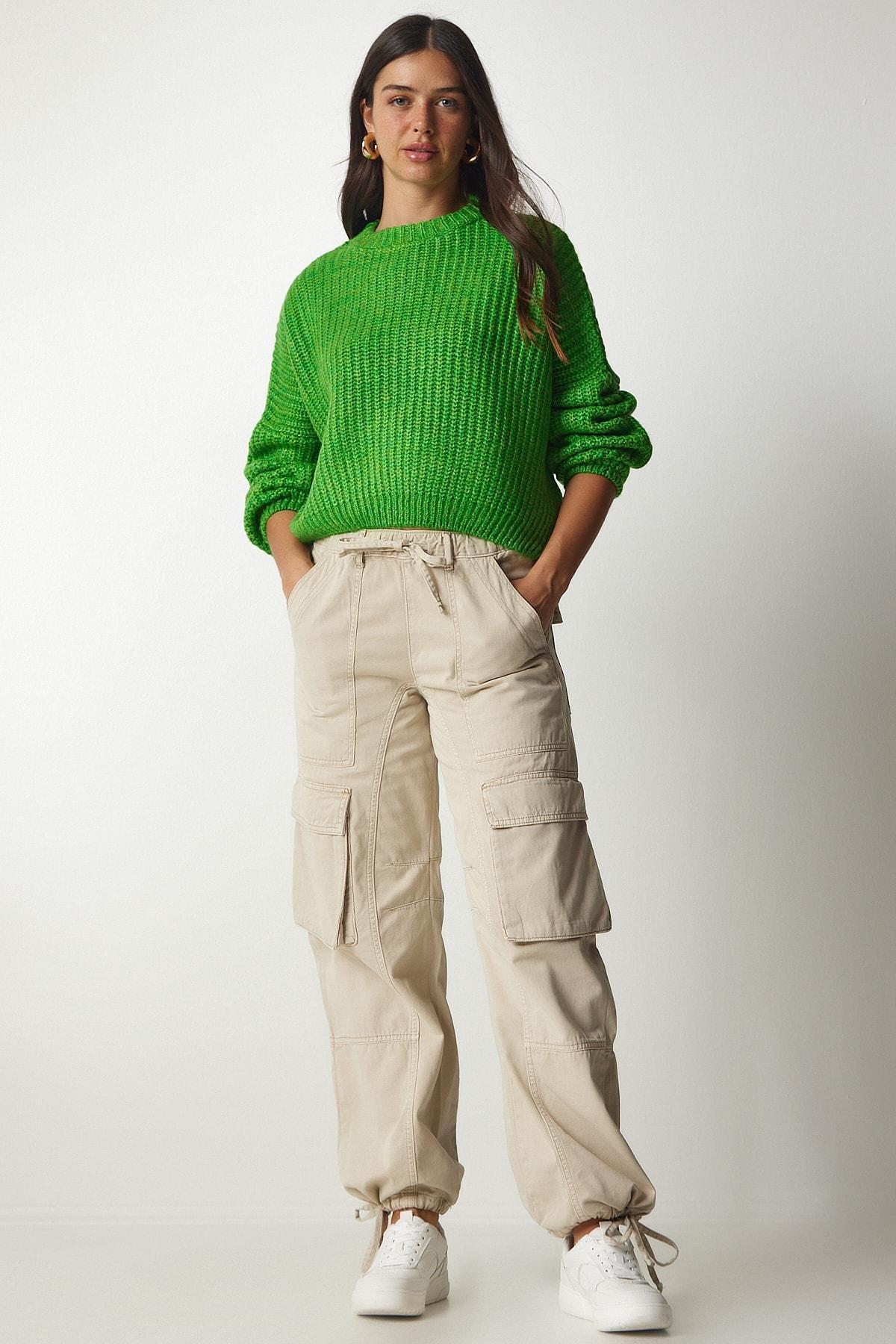 Green Balloon Sleeve Basic Knitwear Sweater, Green, large image number 3