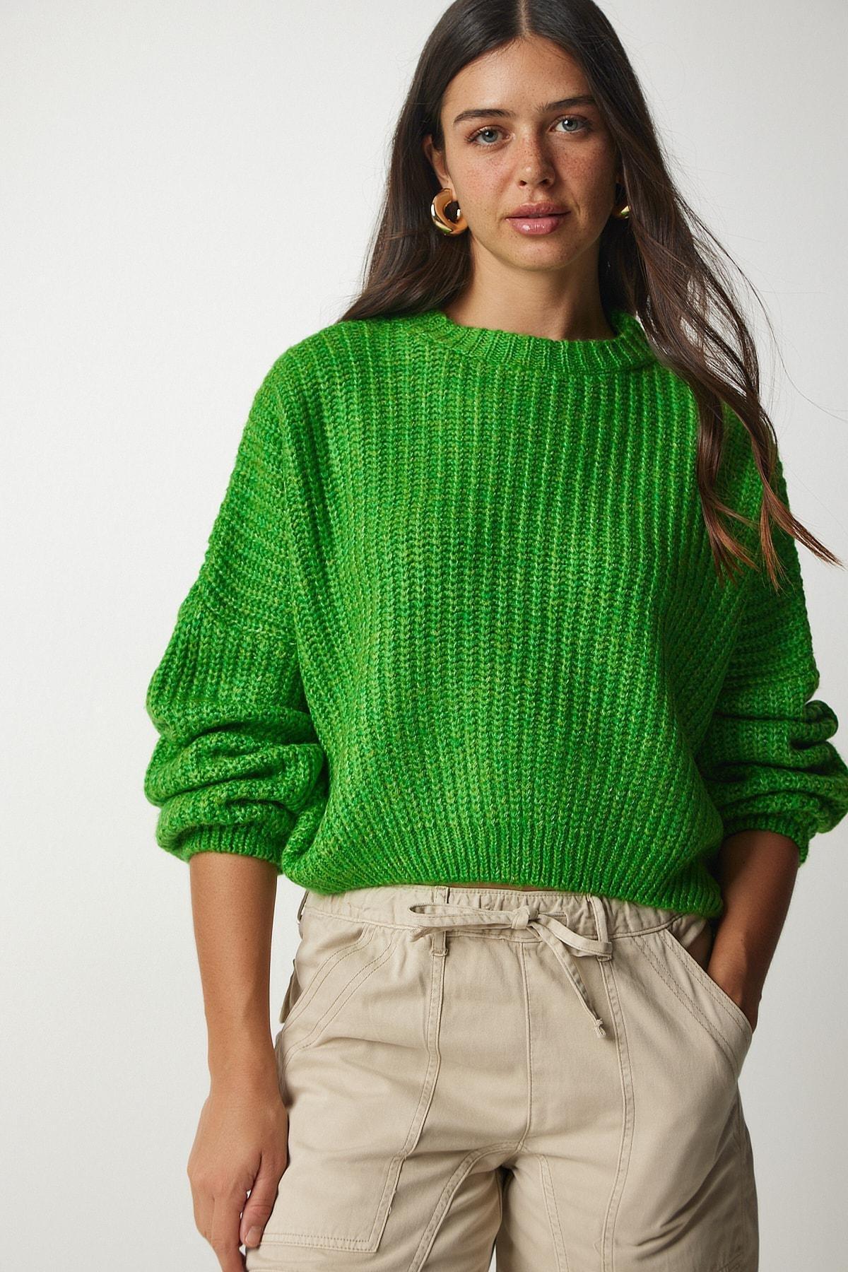 Green Balloon Sleeve Basic Knitwear Sweater, Green, large image number 4