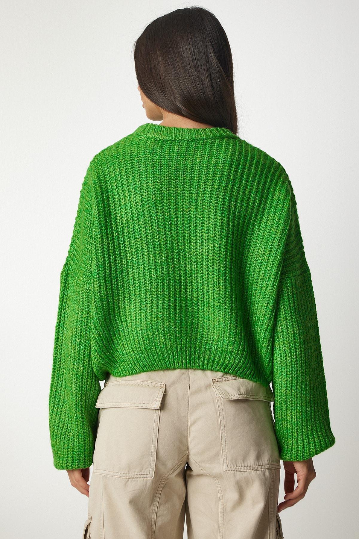 Green Balloon Sleeve Basic Knitwear Sweater, Green, large image number 5