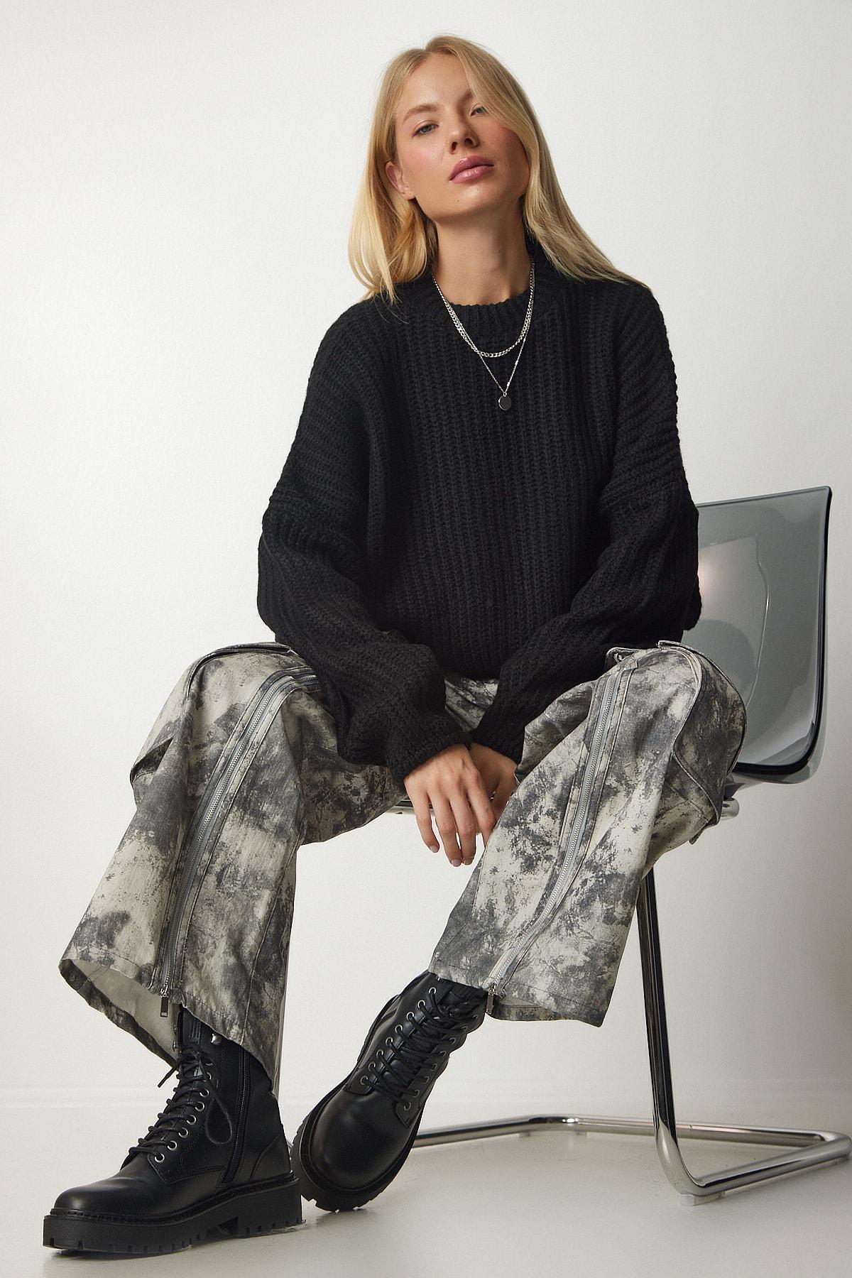 Black Basic Knitwear Sweater With Balloon Sleeves, BLACK, large image number 2