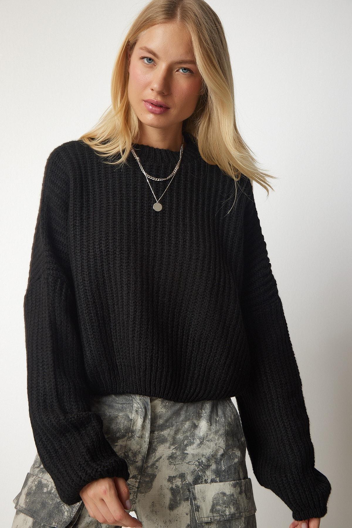 Black Basic Knitwear Sweater With Balloon Sleeves, BLACK, large image number 4