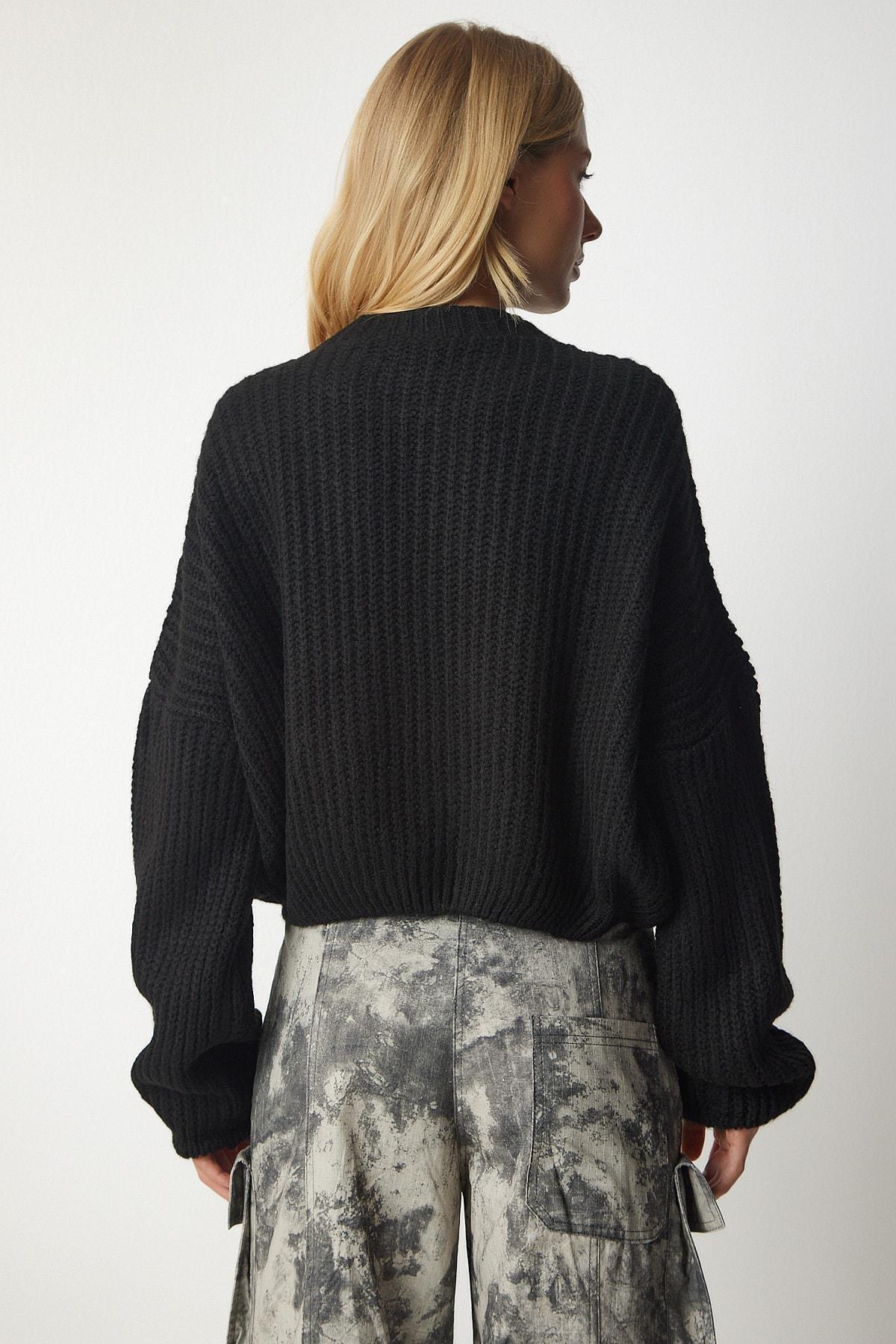 Black Basic Knitwear Sweater With Balloon Sleeves, BLACK, large image number 5