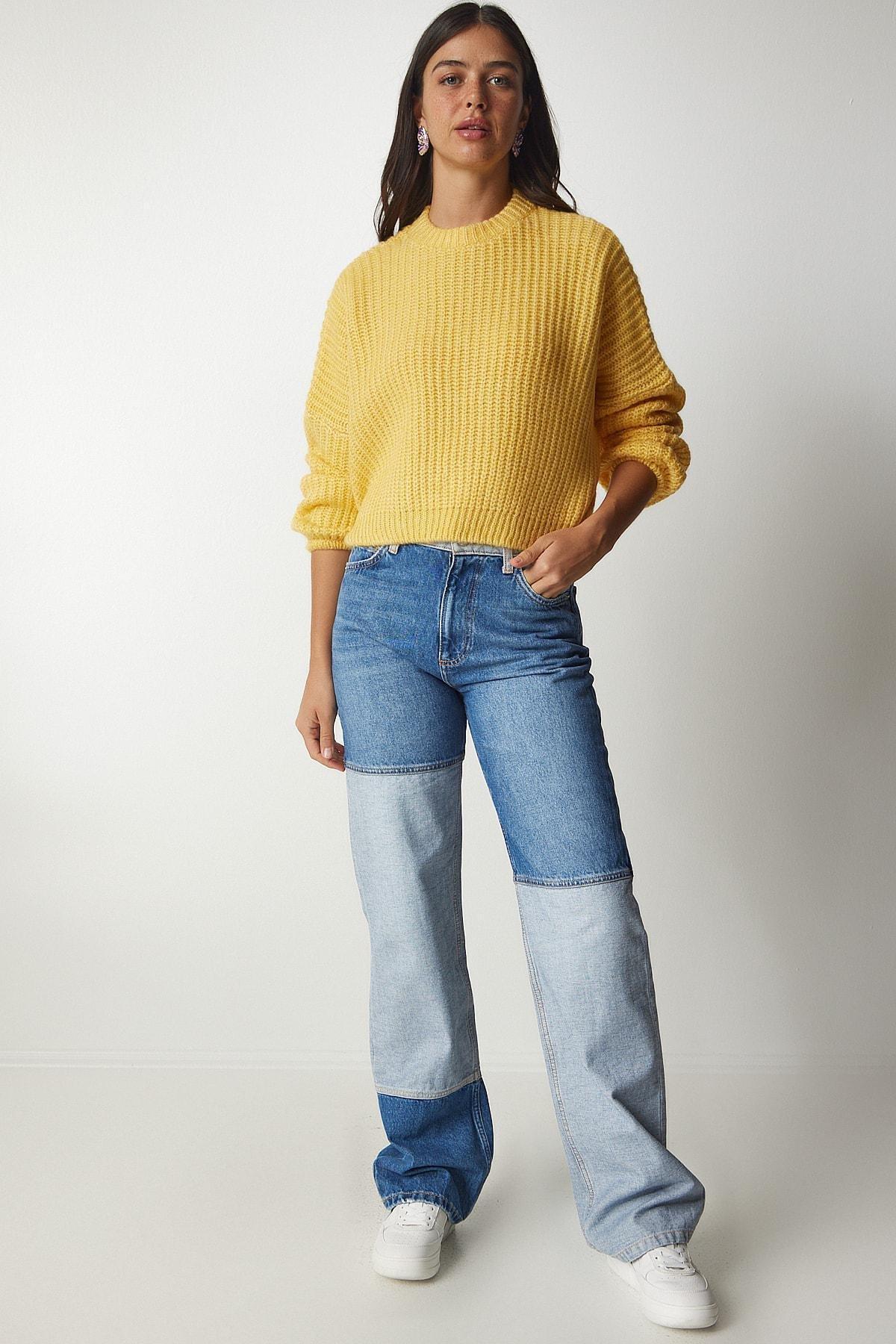 Yellow Basic Knitwear Sweater With Balloon Sleeves, Yellow, large image number 1