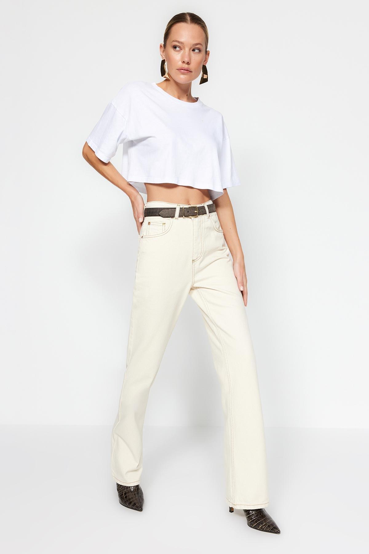Ecru High Waist Wide Leg Jeans, , large image number 0