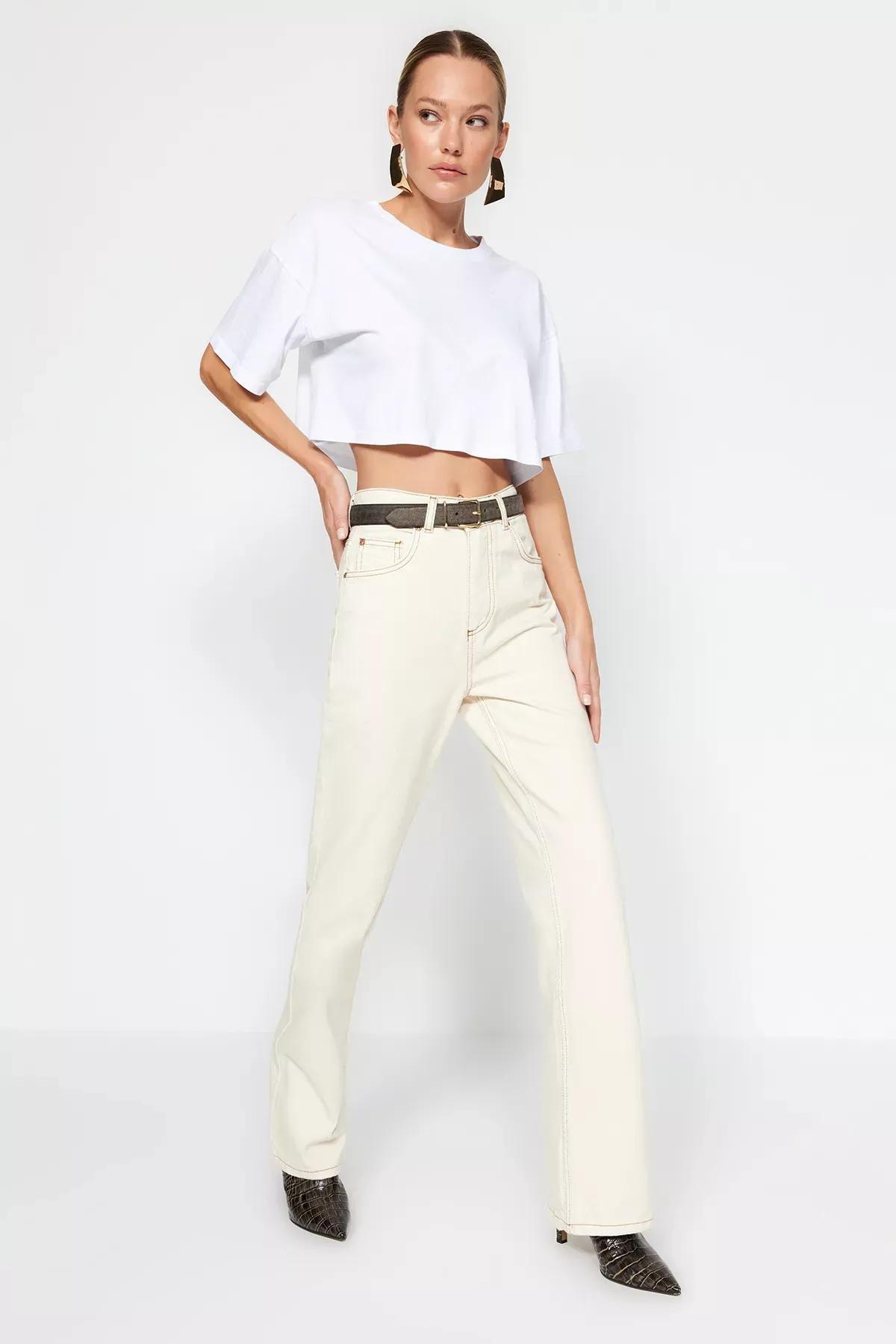 Ecru High Waist Wide Leg Jeans, Ecru, medium