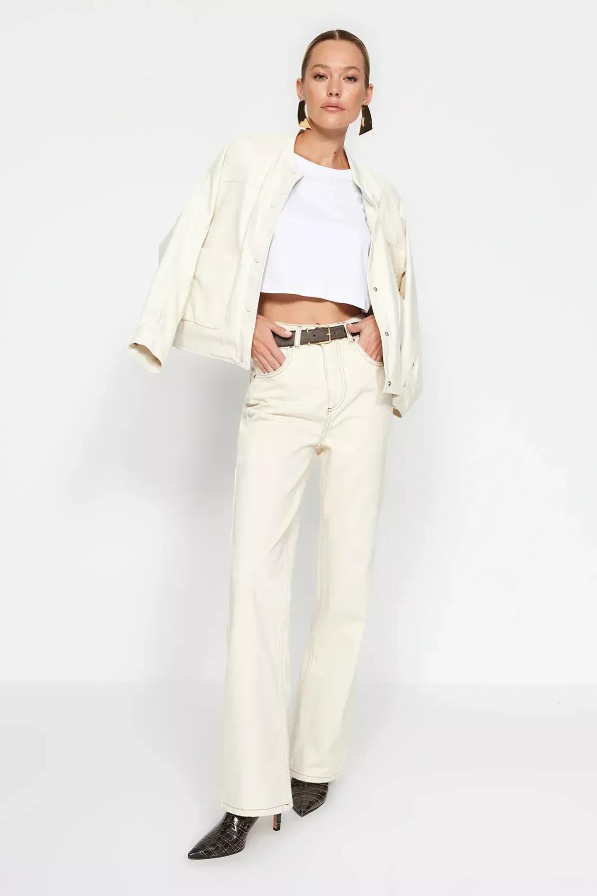 Ecru High Waist Wide Leg Jeans, Ecru, medium