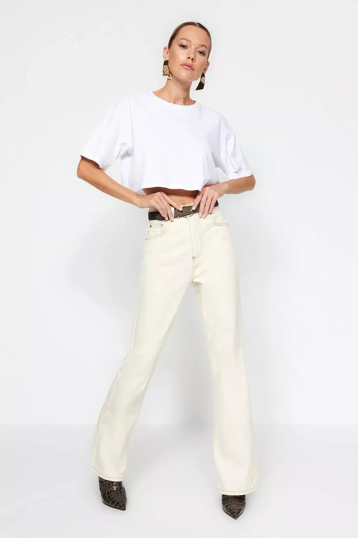 Ecru High Waist Wide Leg Jeans, Ecru, medium