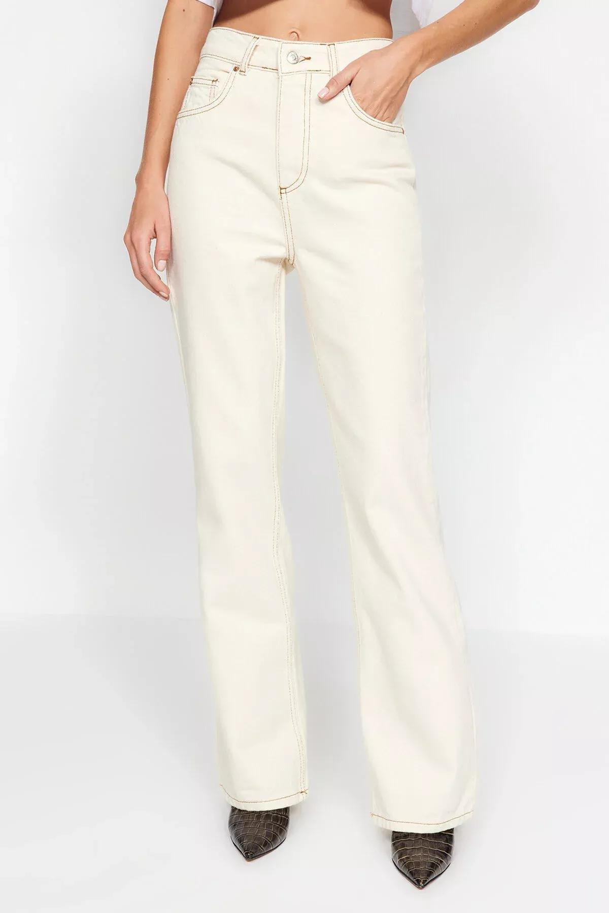 Ecru High Waist Wide Leg Jeans, Ecru, large image number 3