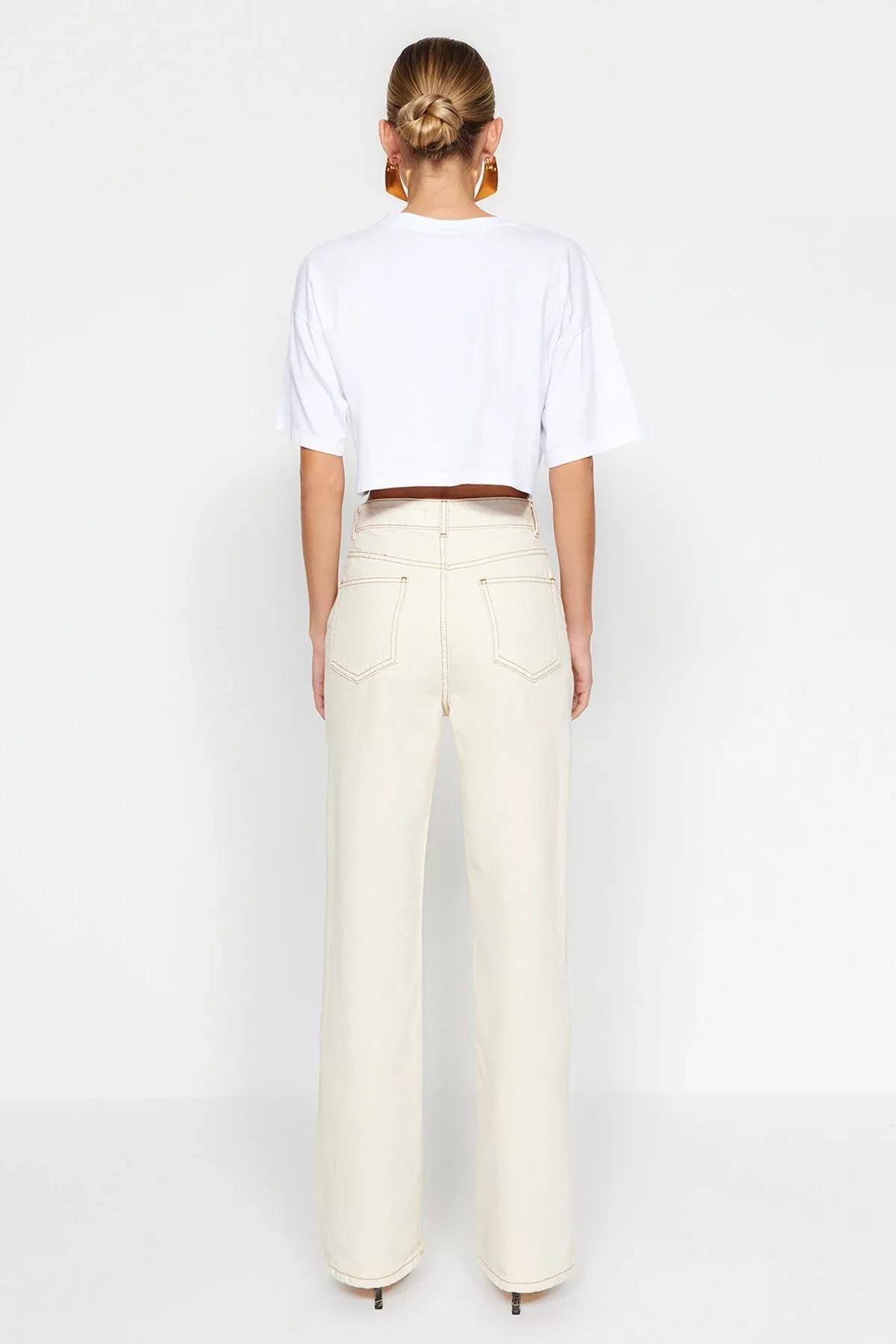 Ecru High Waist Wide Leg Jeans, Ecru, large image number 4